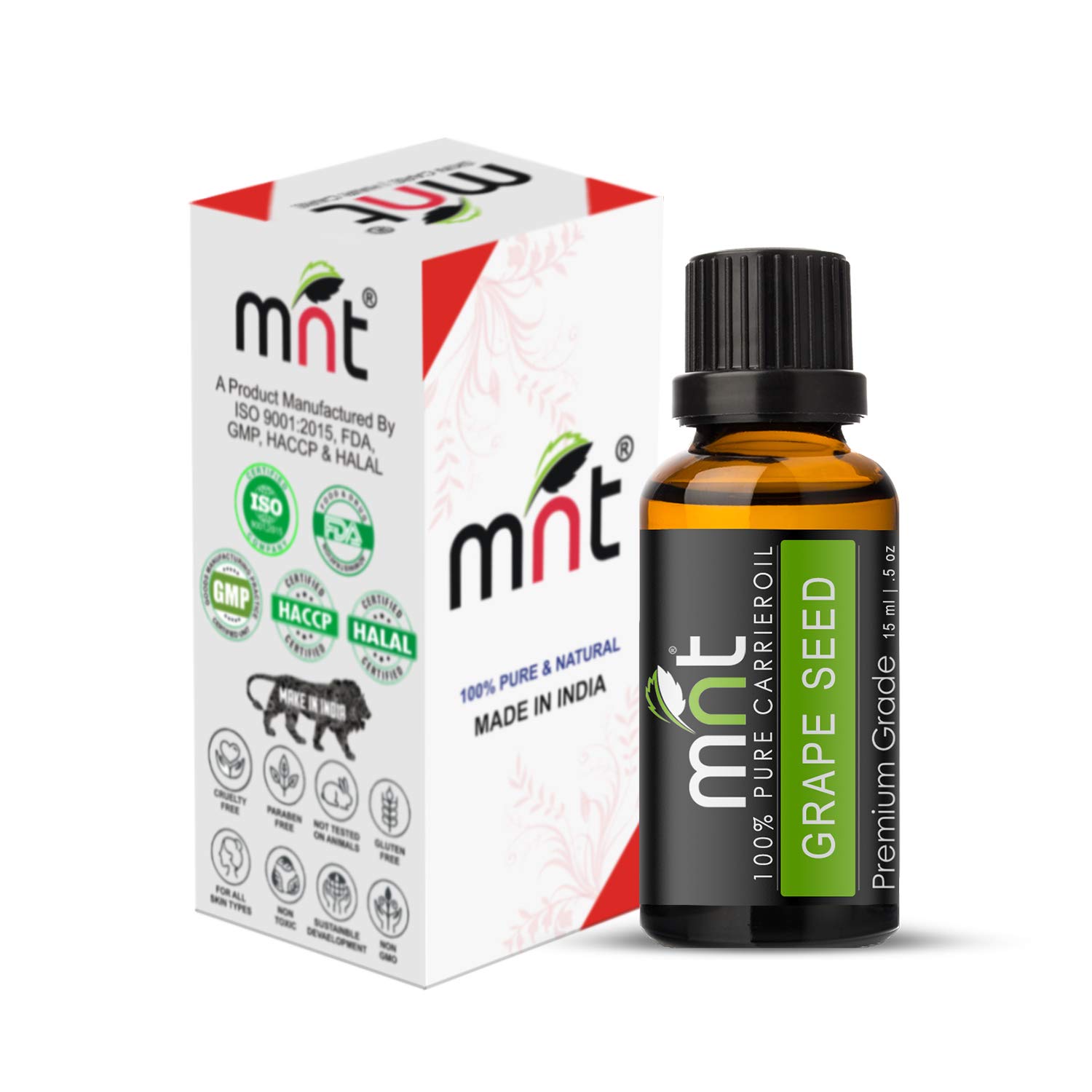100% Pure & Natural MNT Grape Seed Cold-Pressed Carrier Oil - Organic Facial & Body Oil for Acne Treatment, Healthy Skin & Hair Growth (15ml) | Perfect for DIY Skincare, Massage & Aromatherapy