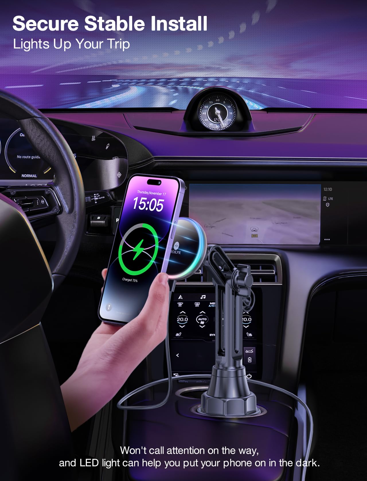 Magnetic Car Mount Wireless Charger - Fast Qi Charging Phone Holder for iPhone 16/15/14/13/12 - Colorful LED Car Cup Holder & Air Vent Mount - Perfect for Driving, Commuting & Road Trips