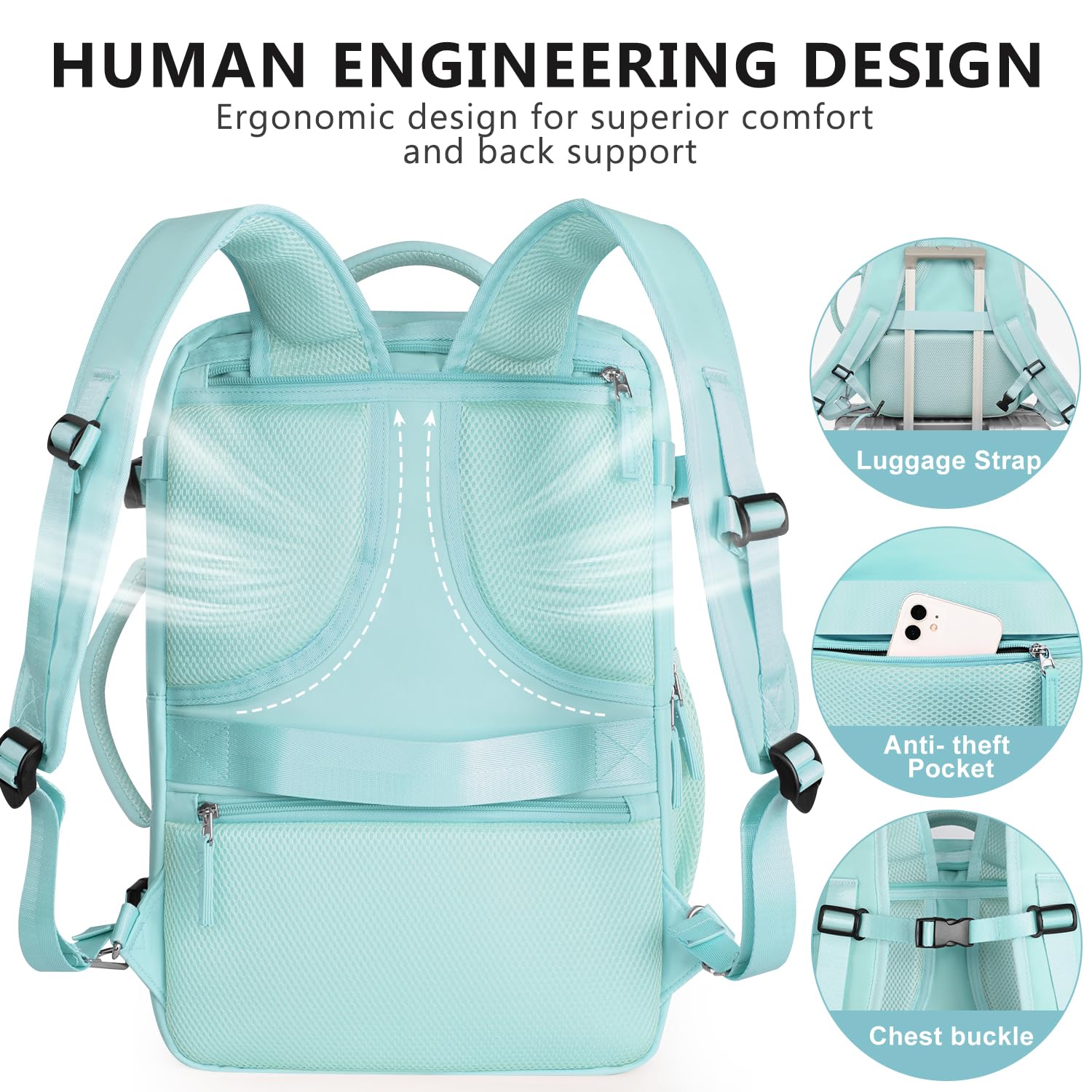 Snoffic Waterproof Travel Backpack for Men & Women - 17.3 Inch Laptop Backpack, Carry-On Personal Item Size, Lightweight Daypack for College, Business, Hiking & Casual Use - Blue & Green