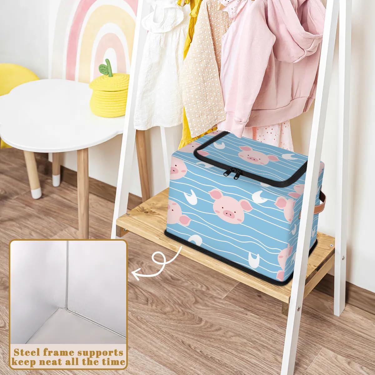 Pink Zippered Storage Bins with Metal Frame - 2 Pack Stackable Closet Organizer Baskets with PU Handles | Perfect for Clothes, Toys & Home Organization in Bedroom, Nursery or Dorm Room