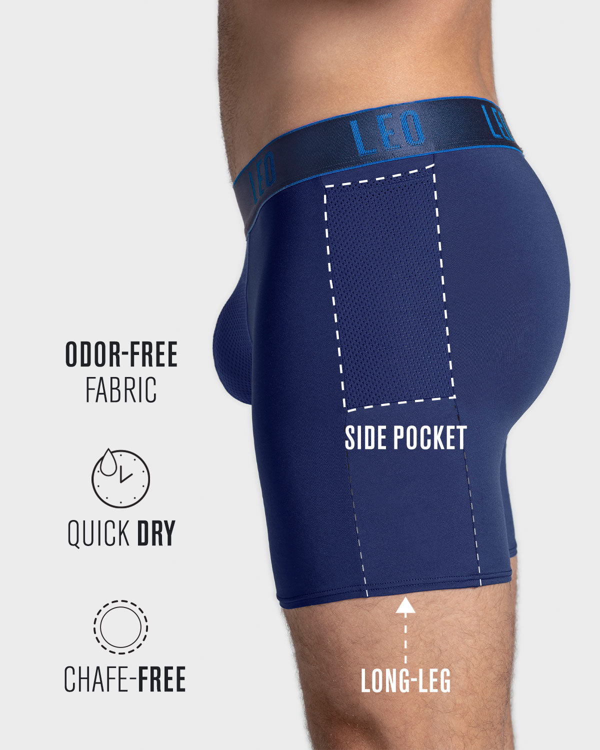 Breathable Long Athletic Boxer Briefs with Side Pocket - Moisture-Wicking Men's Underwear for Sports & Workout