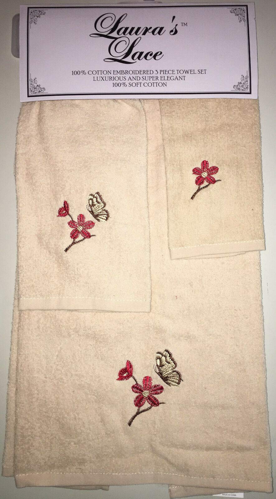 Laura's Lace 6-Piece Embroidered Butterfly Bath Towel Set - Soft Hand & Fingertip Towels in Beige for Bathroom, Spa & Guest Room Luxury