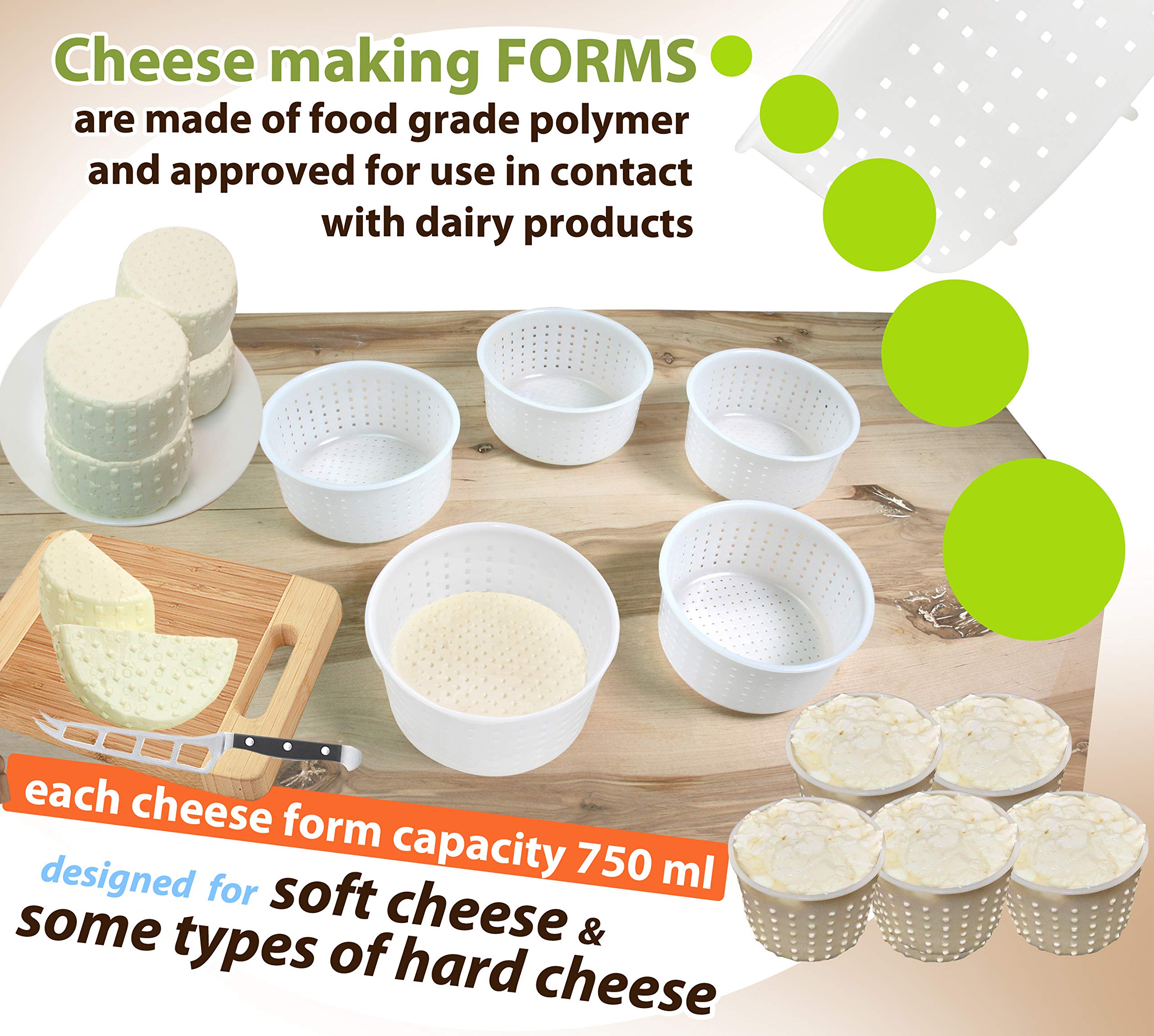 PetriStor 5-Piece Soft Cheese Mold Set for Homemade Cheese Making - 0.8QT Small Cheese Molds for Cream Cheese, Feta & Fresh Cheese - Perfect for DIY Cheese Lovers & Artisan Cheesemakers (Great for Home Kitchens & Small Dairy Farms)