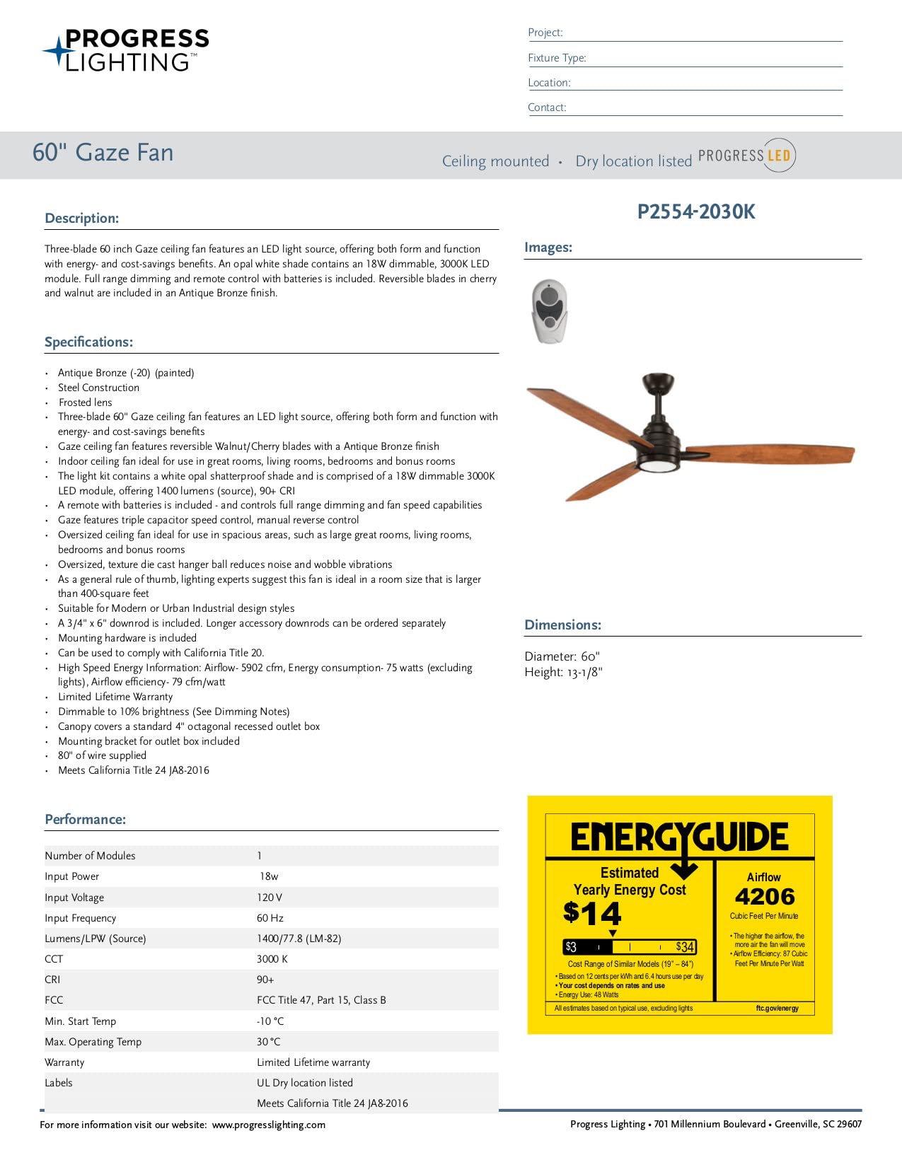 Progress Lighting P2554-2030K 3-Blade Bronze Ceiling Fan with Light Kit - Perfect for Living Room, Bedroom & Patio Cooling