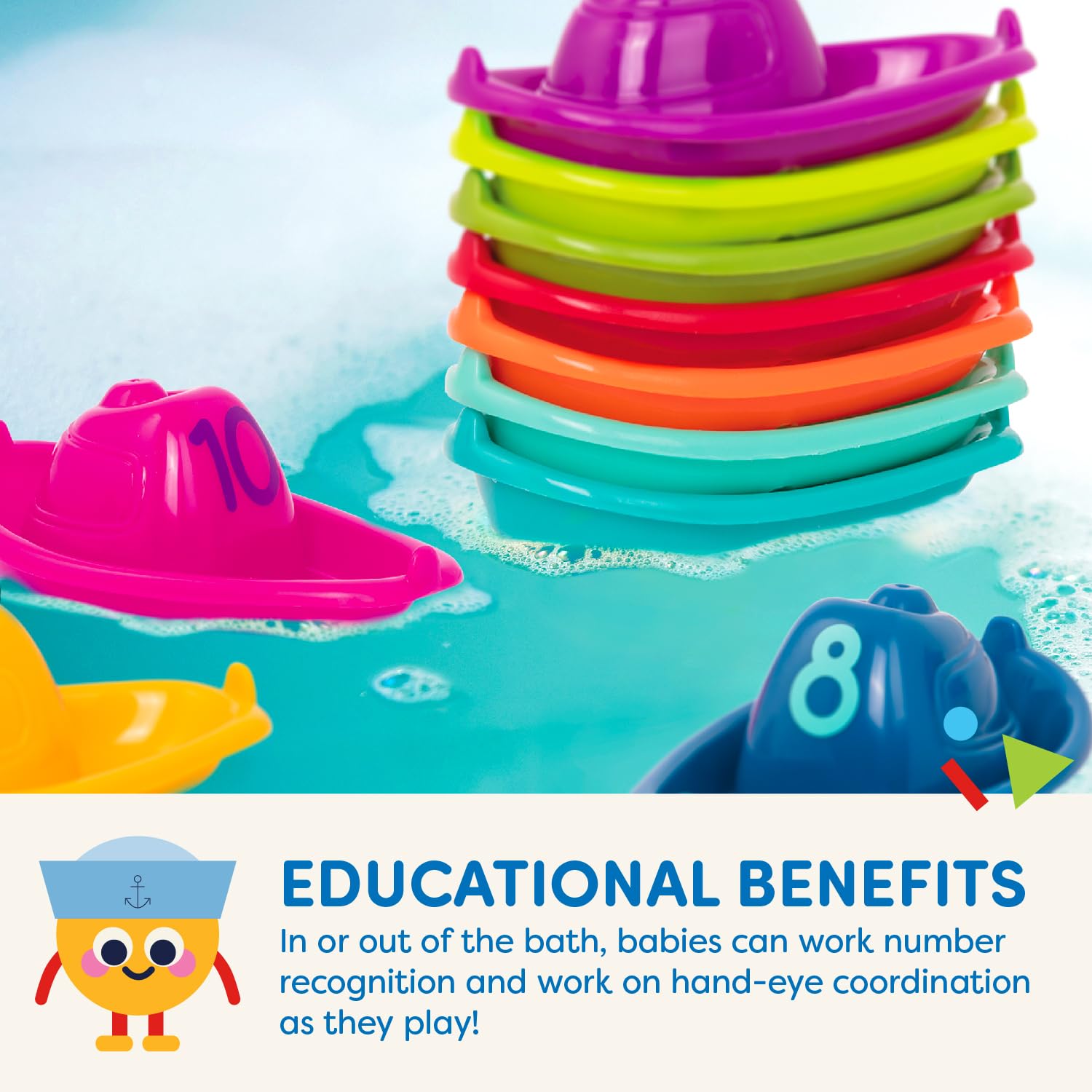 Battat 10-Piece Stackable Bath Boats Set - Numbered Floating Toy Boats for Bathtime, Pool & Beach - Educational Bath Toys for Babies 6+ Months - Perfect for Sensory Play & Early Learning