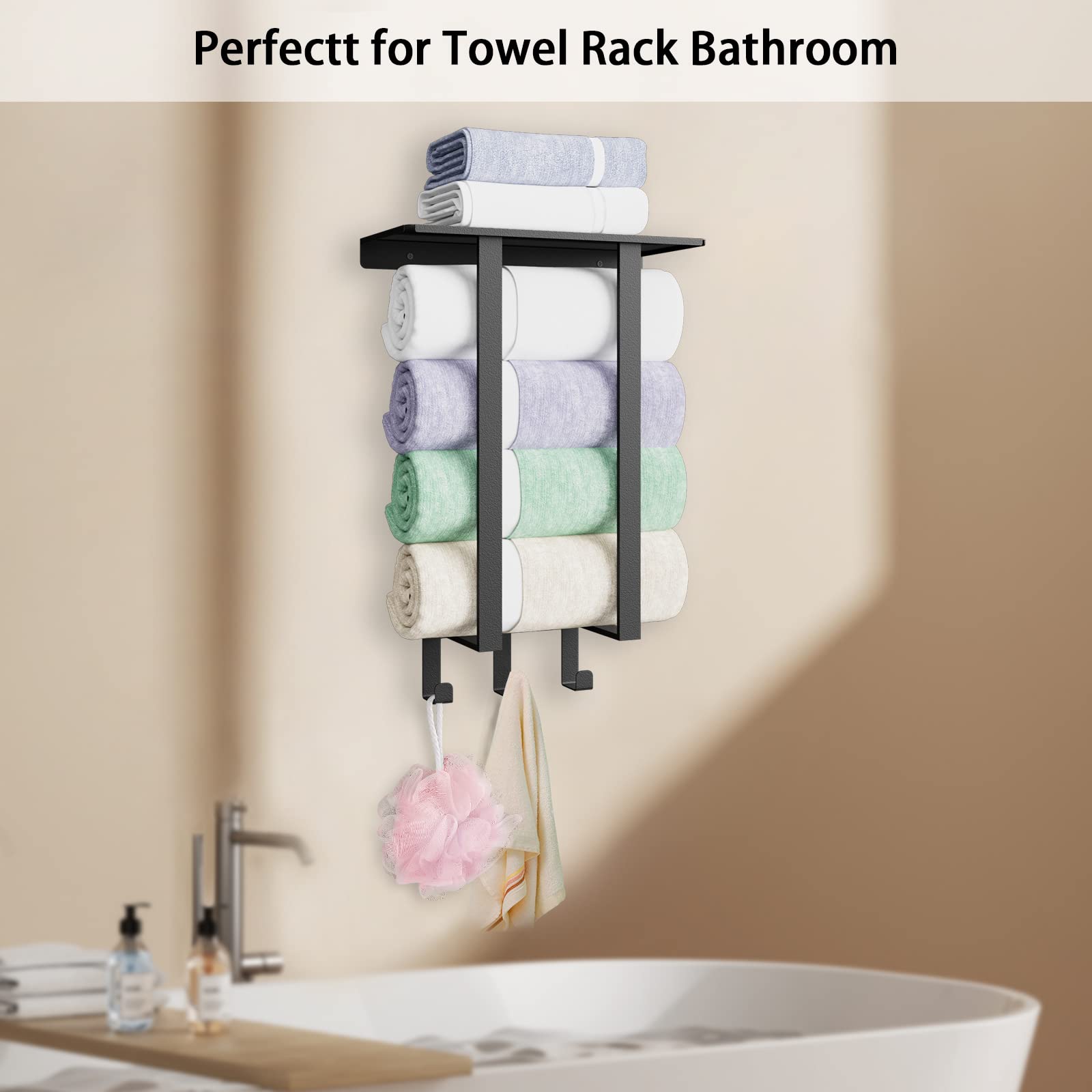 Premium Black Wall-Mounted Towel Rack with Shelf & 3 Hooks - Space-Saving Bathroom Storage Organizer for Rolled Towels, Robes & Accessories - Perfect for Small Bathrooms, Apartments & Spa-Style Decor
