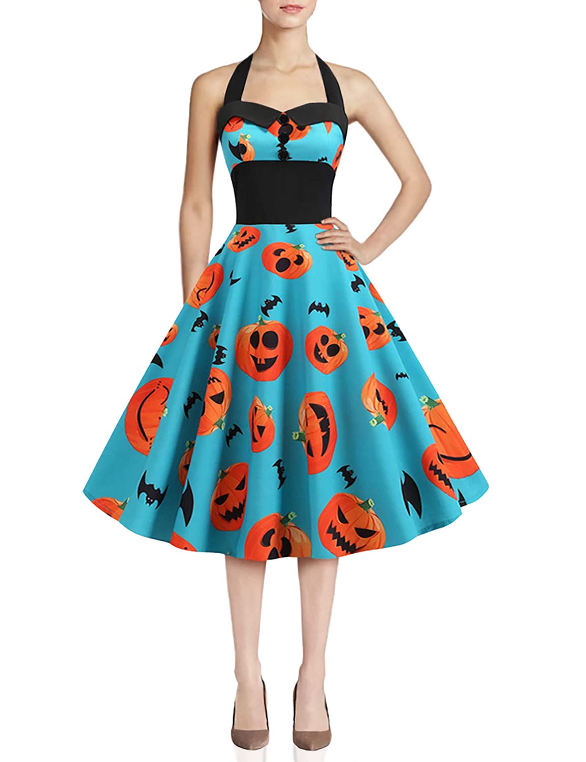 Vintage Print Halter Swing Mini Dress for Women - Halloween Evening Party, Night Out, Clubwear, Retro Style Fashion