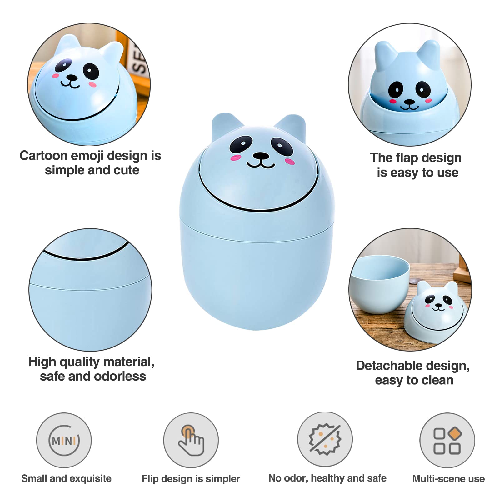 Small Cute Desktop Trash Can - Mini Plastic Garbage Bin with Shake Cover for Office, Coffee Table, Kitchen - Blue Paper Basket | Perfect for Home, Office & Dorm Organization