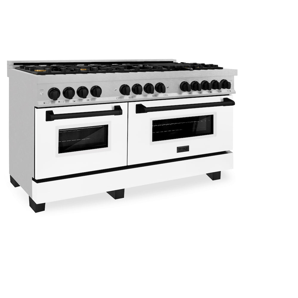 ZLINE Autograph Edition 60-inch 7.4 cu. ft. Dual Fuel Range with 9-Burner Gas Cooktop & 2 Electric Convection Ovens - Satin Stainless Steel with White Matte Doors & Matte Black Accents (RASZ WM 60 MB) | Professional Kitchen Appliance for Home Chefs & Cooking Enthusiasts