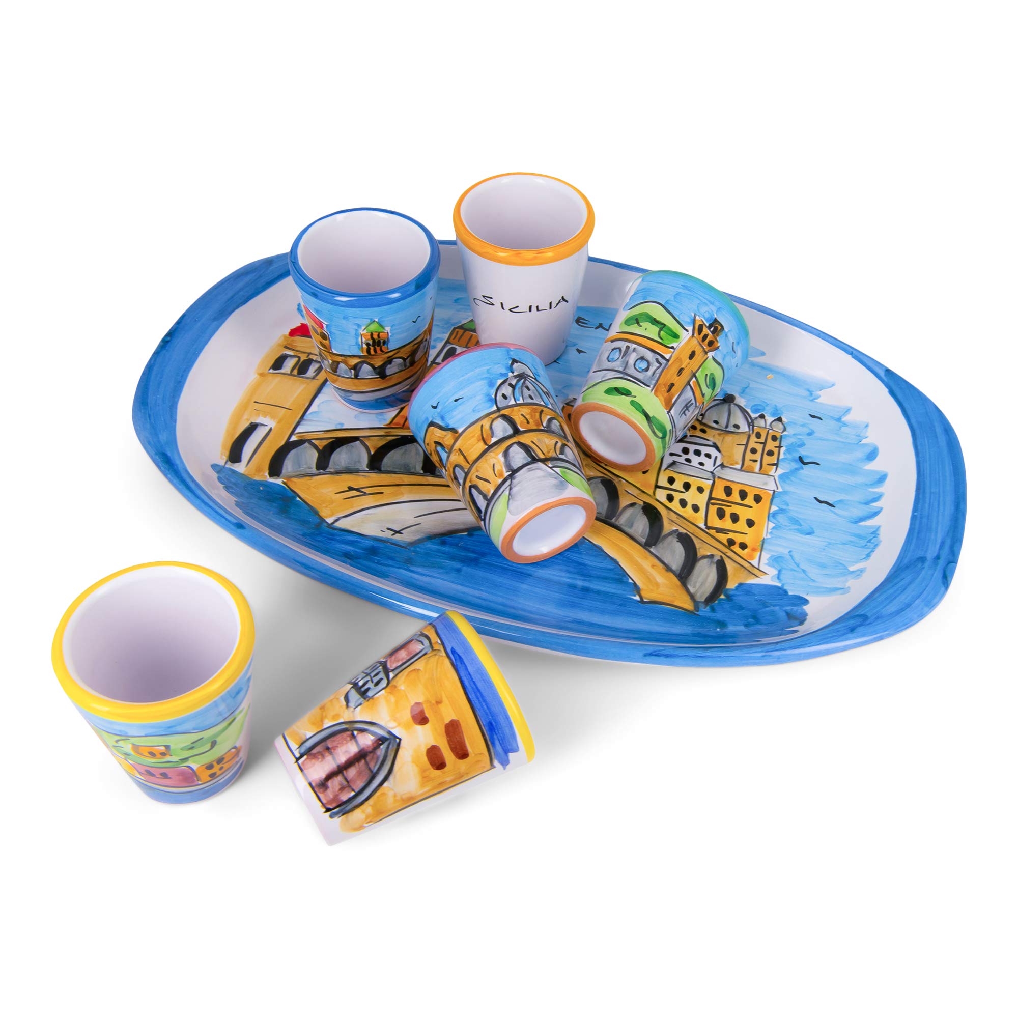 Dolceterra Limoncello Hand-Painted Ceramic Glasses Set of 6 with Matching Tray - Italian Inspired Cocktail Glasses for Limoncello, Lemonade & Summer Drinks - Perfect for Home Bar, Parties & Gifts