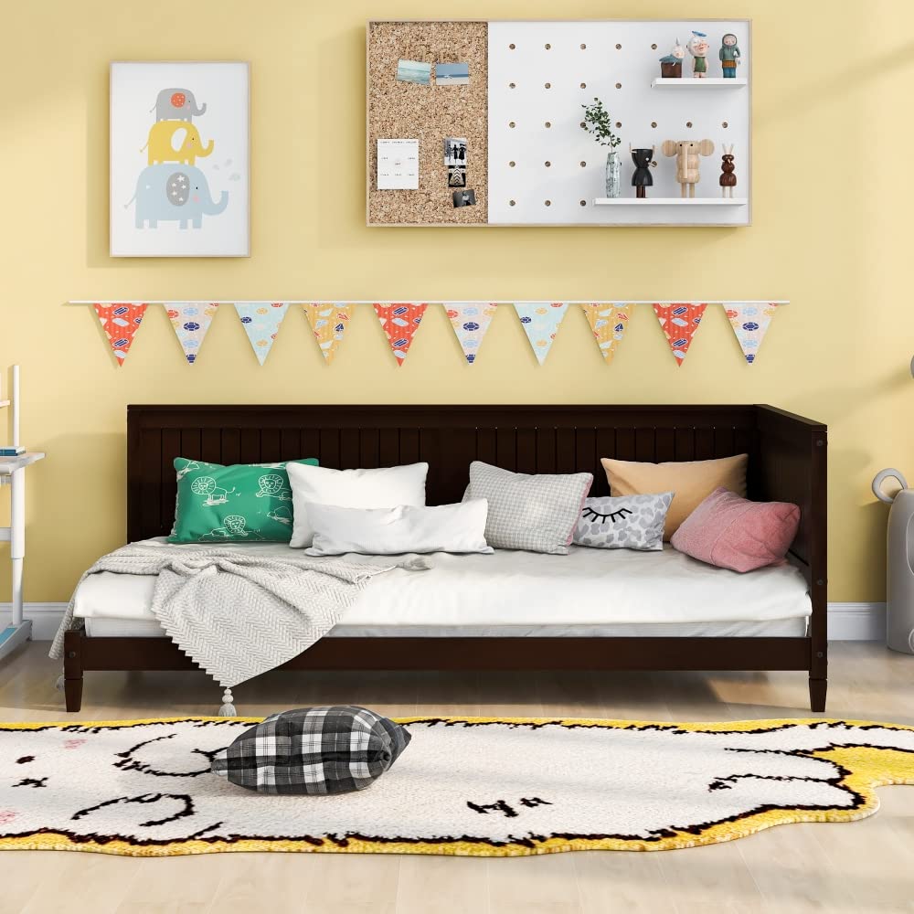 Twin Size Daybed with Headboard & Sideboard - Wooden Low Profile Sofa Bed Frame with Slat Support - Modern Dual-Use Floor Bed for Teens & Adults in Espresso - Perfect for Child's Room, Bedroom or Living Room as Guest Bed or Lounge Sofa