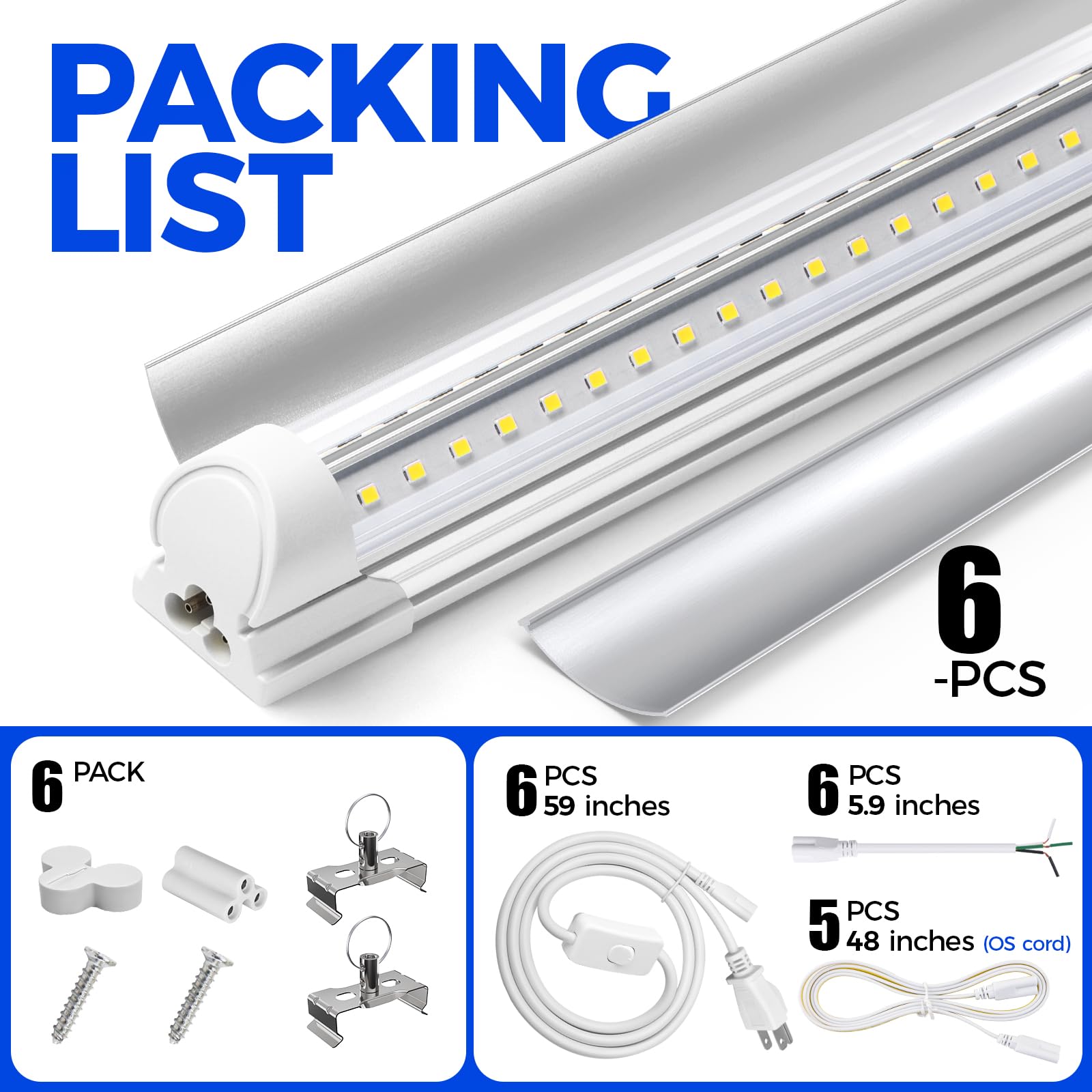 Barrina LED Shop Light 4FT, 40W 5500LM 6500K Daylight White, Linkable V-Shape LED Tube Lights with Clear Cover - Perfect for Garage, Warehouse, Workshop Lighting (6-Pack) - Energy Saving Bright Lights for Home & Commercial Use