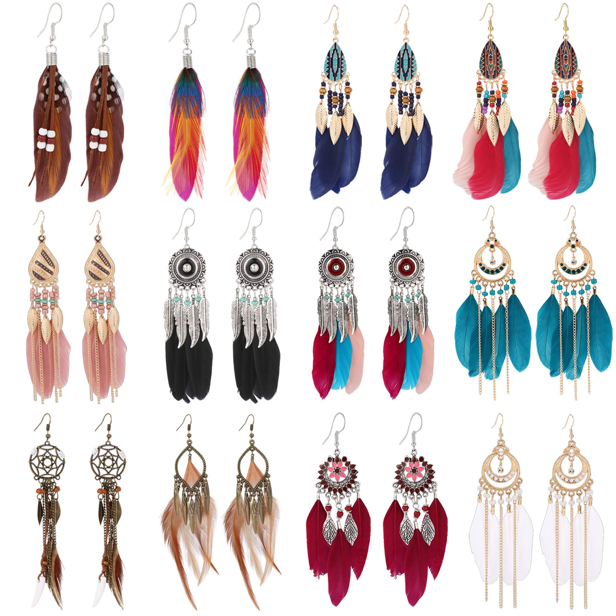 12 Pairs Women's Feather Earrings Vintage Bohemian Long Drop Dangle Earrings Set with Dream Catcher Design - Perfect for Festivals, Parties, and Boho Chic Outfits