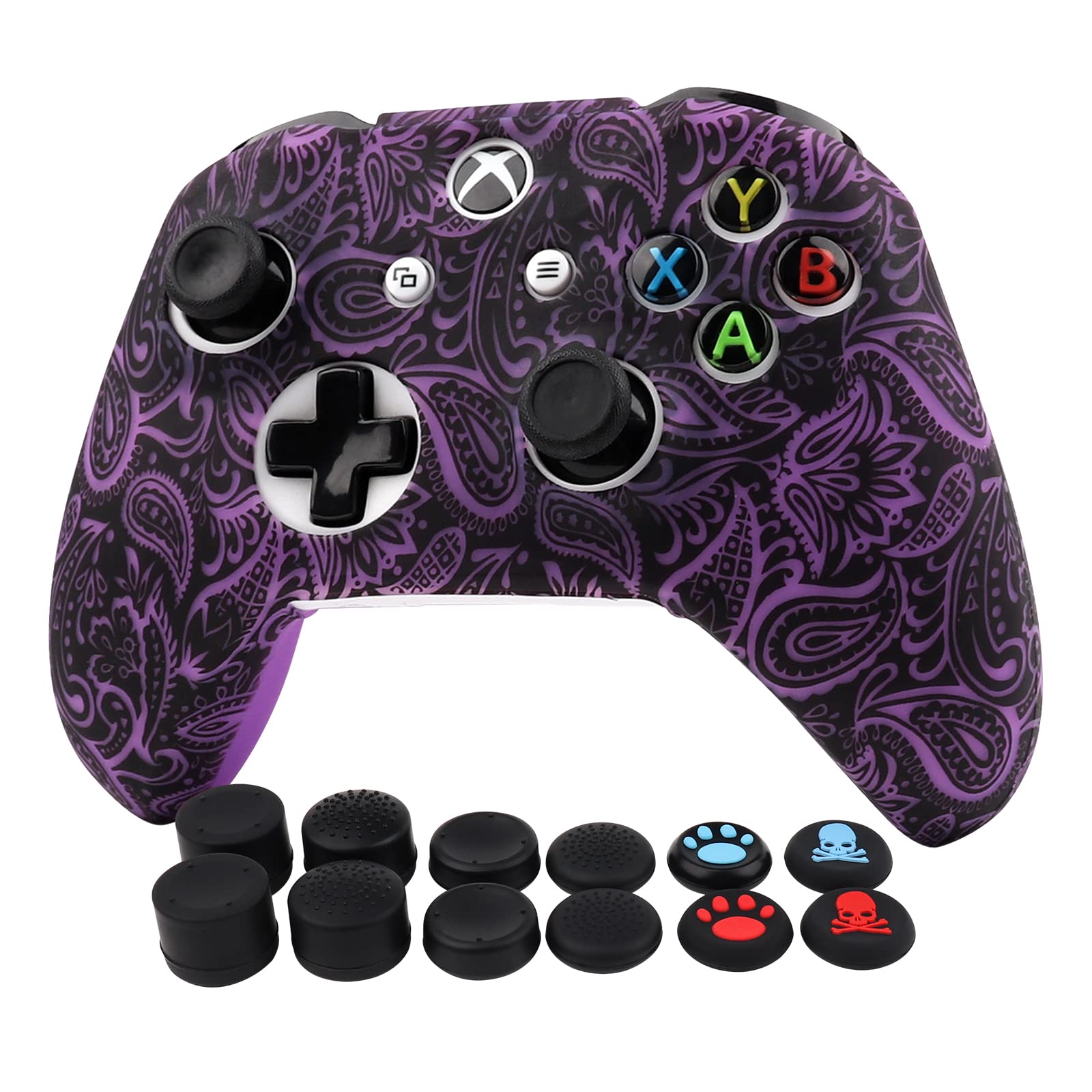 RALAN Silicone Controller Cover for Xbox One/X - Water Print Skin Protector with 8 Black Pro Thumb Grips & 2 Cat Skull Cap Covers | Enhanced Grip for Gaming, Streaming & Esports