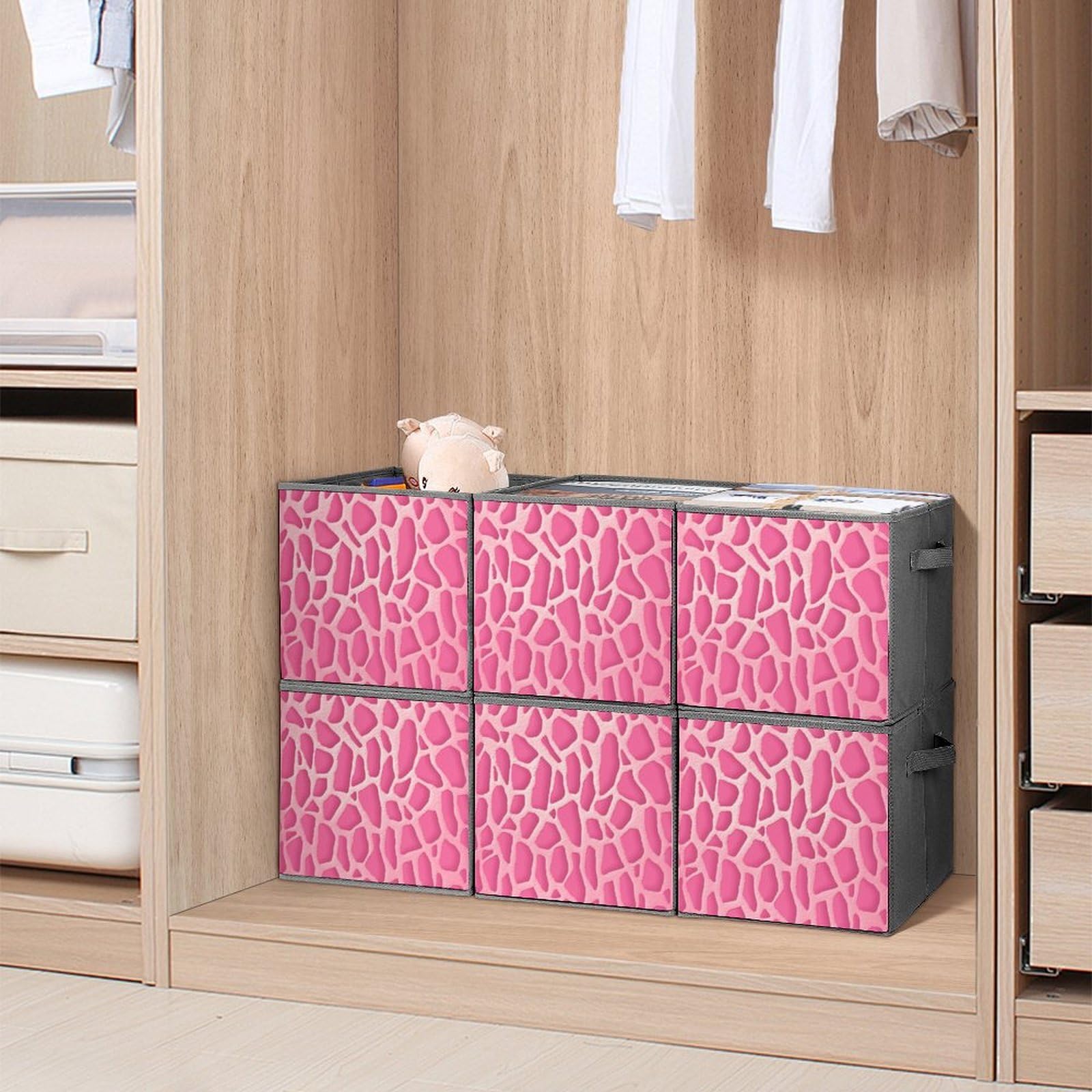 6-Piece Collapsible Storage Bins with Giraffe Print & Handles - Foldable Fabric Storage Containers for Home Organization, Closet, Nursery, Laundry Room & Shelves - Space Saving Storage Baskets for Toys, Blankets & Household Items