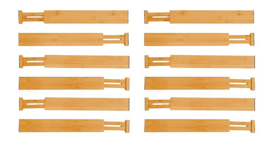 12 Pack Bamboo Adjustable Kitchen Drawer Organizers - Large Size (44-55cm) for Utensils, Spices & Cutlery - Perfect for Pantry, Office & Bathroom Storage