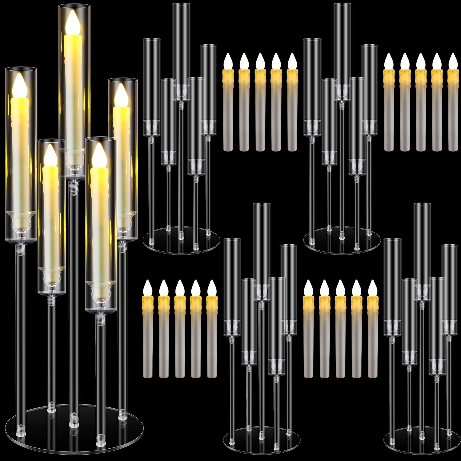5-Arm Acrylic Clear Candelabra Centerpiece Set with LED Candles & Shades - Elegant Table Decor for Weddings, Parties, Fireplace & Dining Room (4 Sets) - Perfect for Romantic Dinners, Holiday Decorations and Special Events