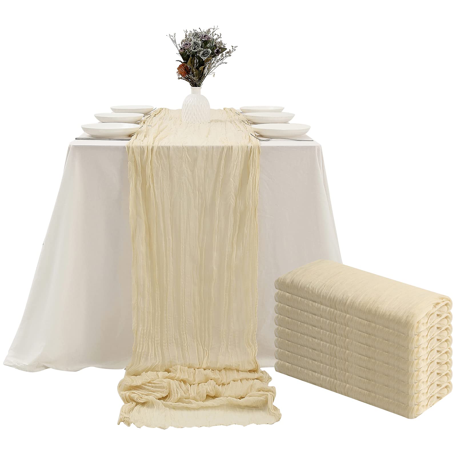 8-Piece Cream Cheesecloth Table Runner Set - 13.3ft Boho Gauze Tablecloth, Rustic Sheer Runner (160 Inches) for Wedding, Bridal Shower, Baby Shower, Birthday Party & Cake Table Decorations - Perfect for Rustic, Farmhouse & Boho Chic Events