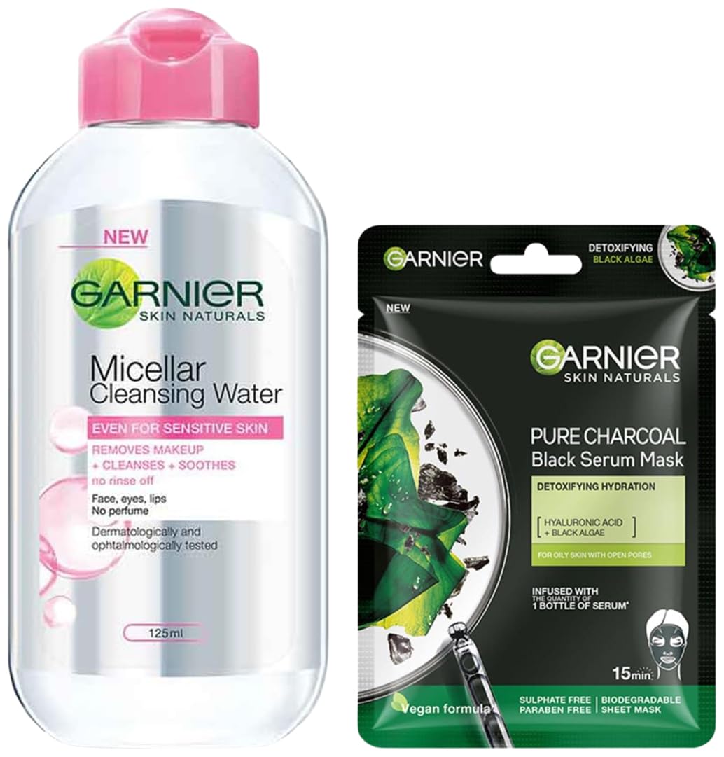 Garnier Skin Naturals Micellar Cleansing Water 125ml & Charcoal Face Serum Sheet Mask 28G - Gentle Makeup Remover & Deep Cleansing Mask for Glowing Skin - Perfect for Daily Skincare Routine & Spa Night