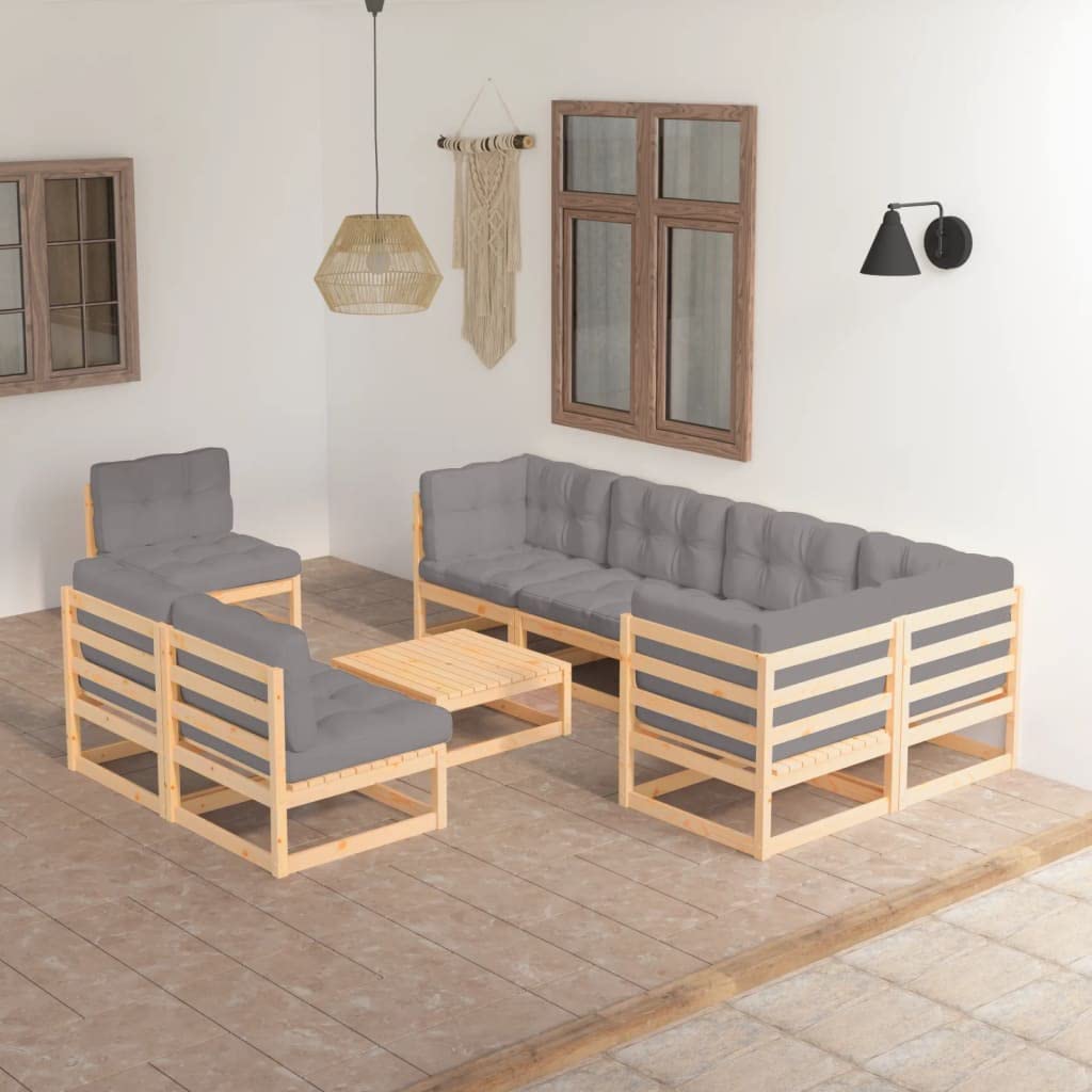 Sywamol 9-Piece Outdoor Wicker Patio Conversation Set with Cushions - Solid Pinewood Garden Furniture for Backyard, Porch & Poolside Relaxation