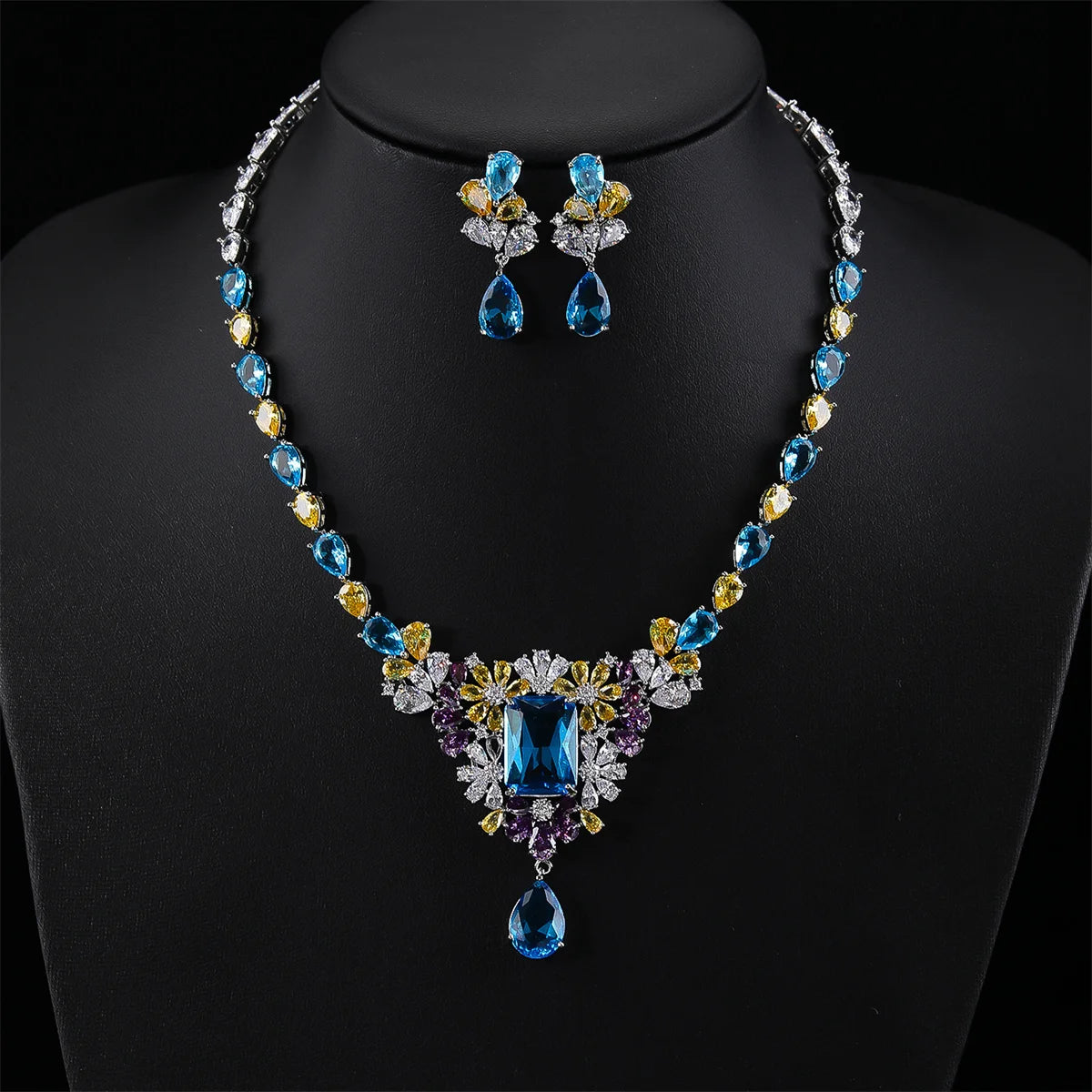 Elegant CZ Flower Pendant Necklace & Earrings Set - Cubic Zirconia Bridal Jewelry for Women - Perfect Wedding Gift (CN11099) - Ideal for Bridal Showers, Weddings, Anniversaries and Special Occasions
