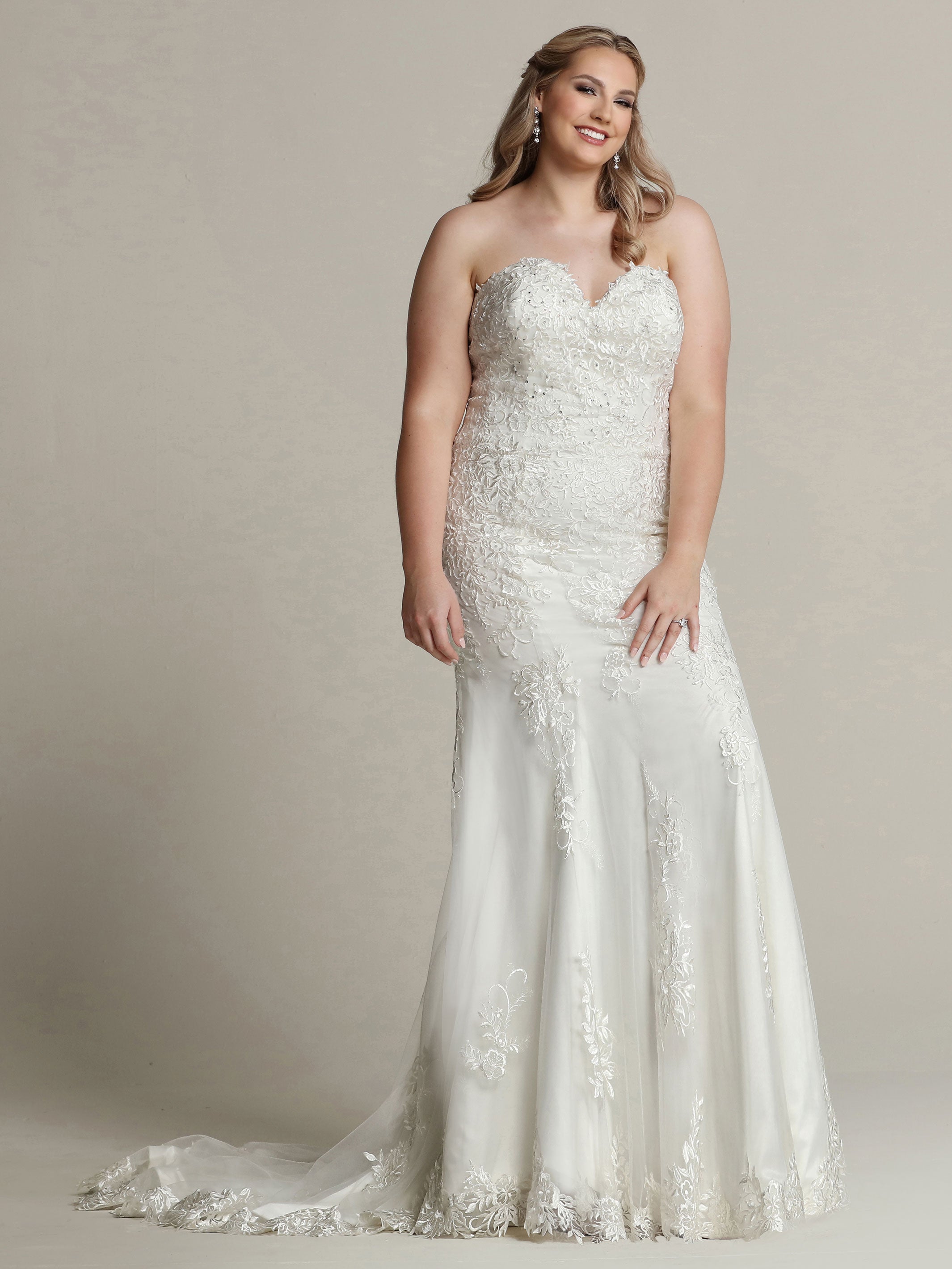 Strapless Lace Fit and Flare Wedding Dress with Scattered Rhinestones - Elegant Bridal Gown for Beach, Church, and Outdoor Ceremonies