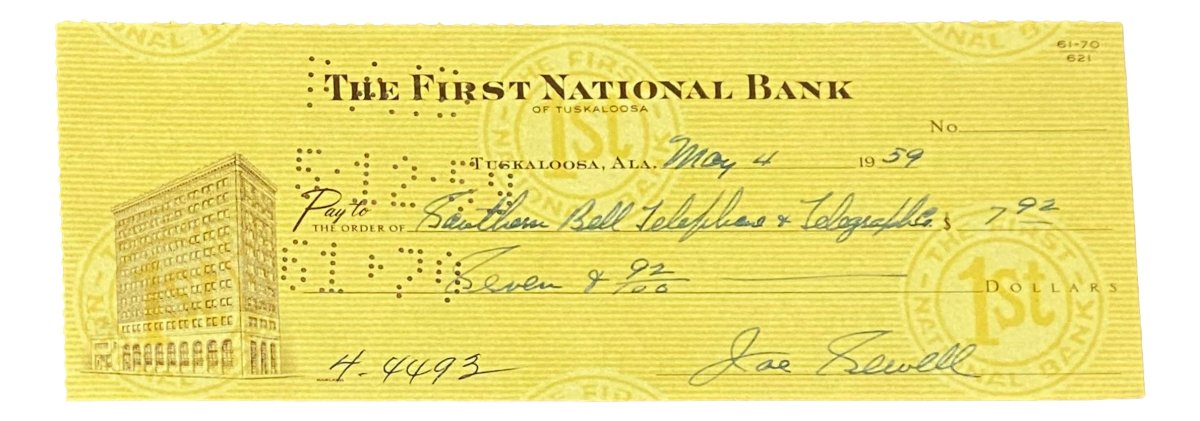 Joe Sewell Cleveland Autographed Bank Check Dated May 4, 1959 - Authentic Sports Memorabilia for Collectors & Baseball Fans - Perfect for Framing & Display in Man Caves or Sports Collections