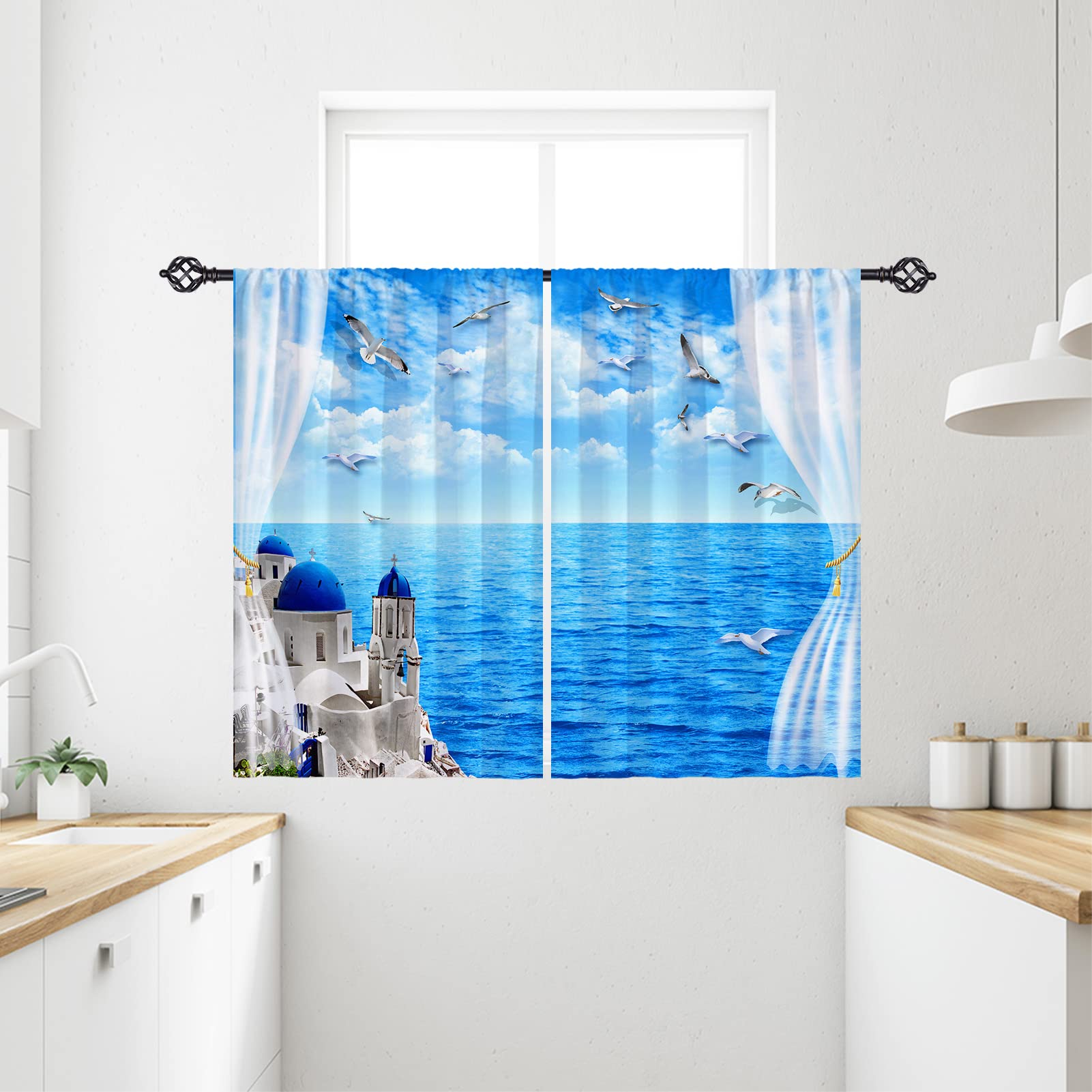 ANHOPE Blackout Curtains 27.5 x 39 Inch - Aegean Sea Blue Sky White Clouds Seagull Print Window Drapes, Rod Pocket Room Darkening Panels for Bedroom, Kitchen & Bathroom - Perfect for Coastal Decor, Vacation Homes & Light-Sensitive Sleepers