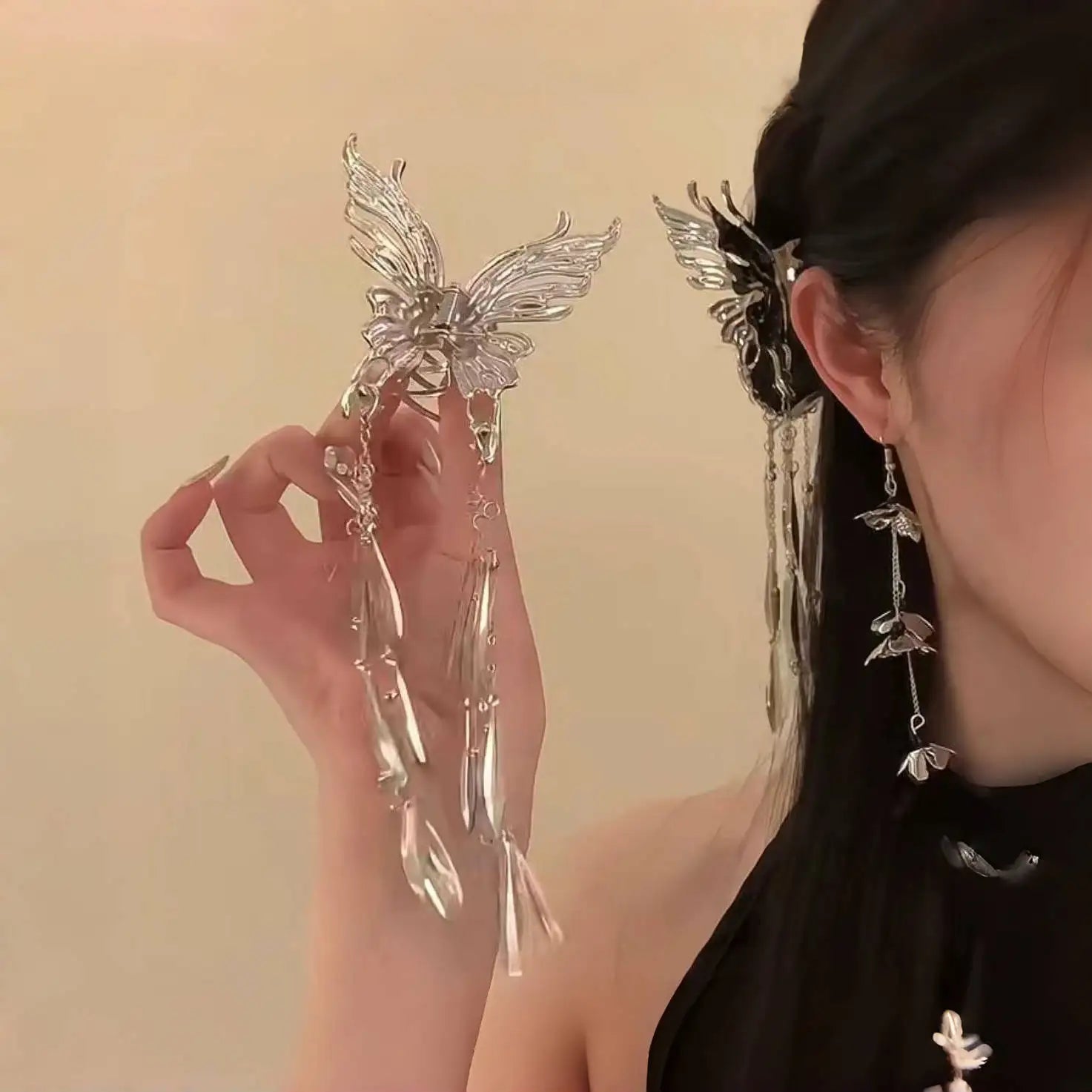 Silver Butterfly Hair Clip for Women - Trendy Chinese Hollow Tassel Barrette | Perfect for Parties, Weddings & Everyday Styling