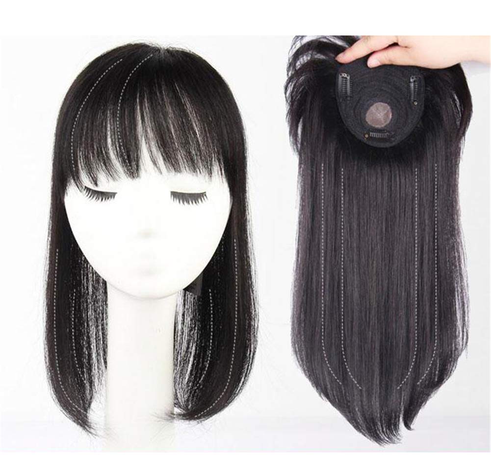 Clip-in Real Human Hair Topper with Bangs - Handmade Crown Topper for Thinning Hair - 10