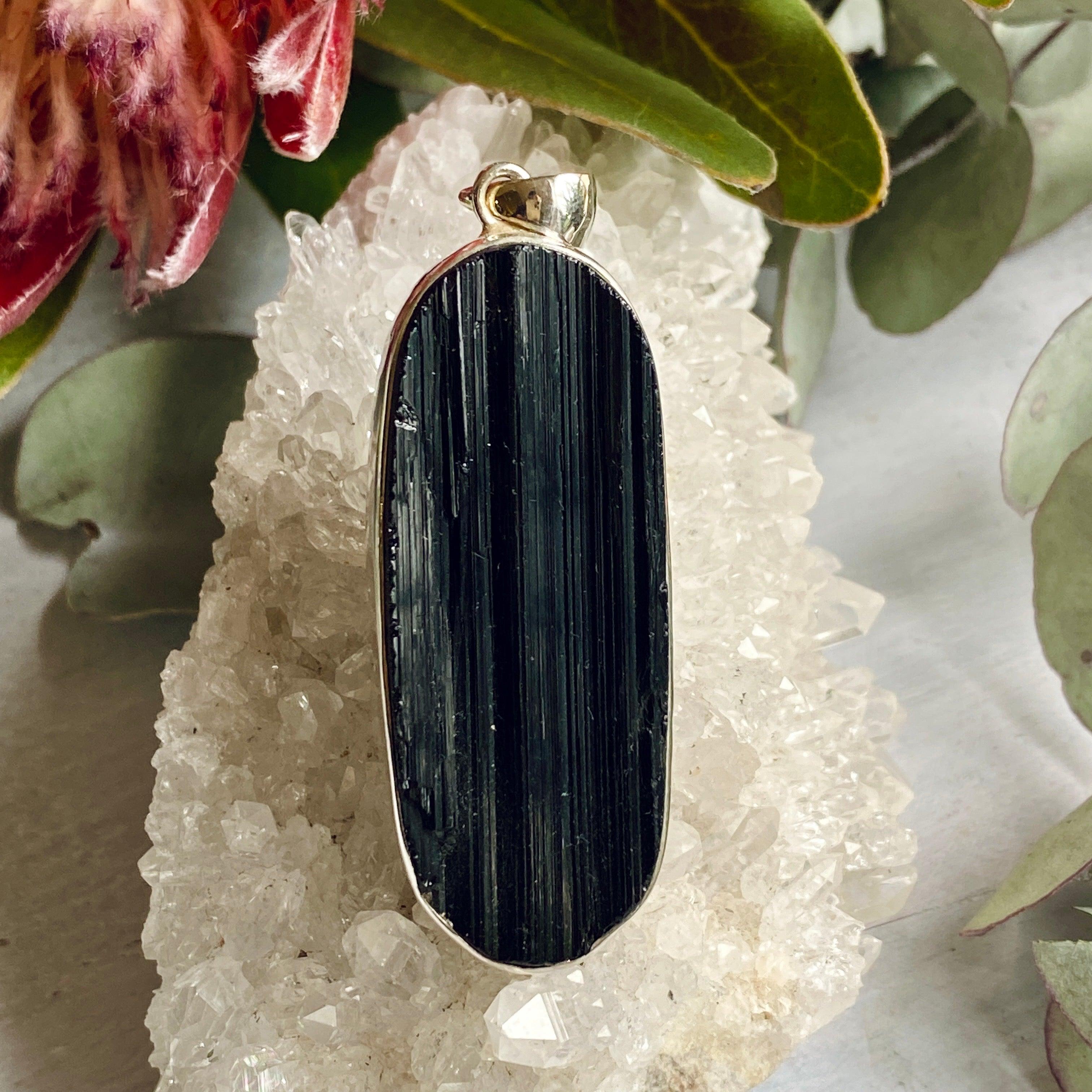 Natural Black Tourmaline Raw Oval Pendant Necklace KPGJ2551 - Perfect for Energy Healing, Meditation & Spiritual Jewelry Gifts