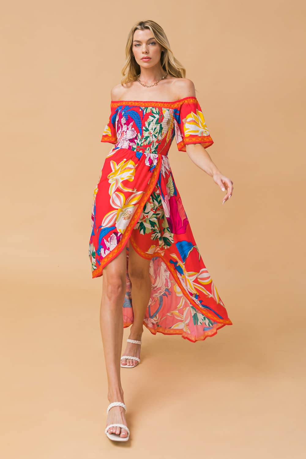 Bohemian Off Shoulder Maxi Dress - Tropical Floral Smocked Hi-Low Hem Summer Dress for Beach Vacation, Party & Casual Wear