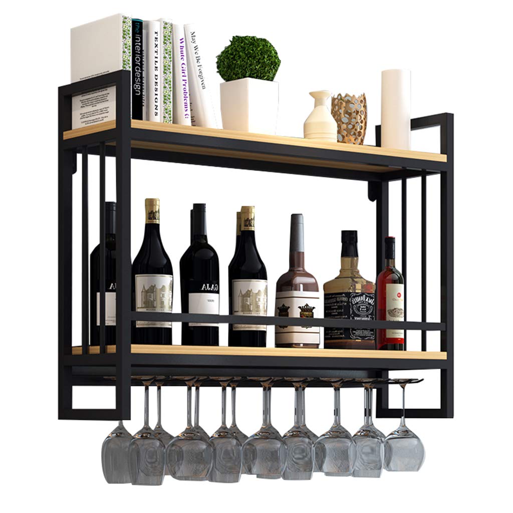 Wall-Mounted Wine Rack with Glass Holder - Wood & Metal Wine Shelf for Bottle Storage - Hanging Wine Glass Organizer - Space Saving Wine Storage Solution for Kitchen, Bar or Dining Room Decor