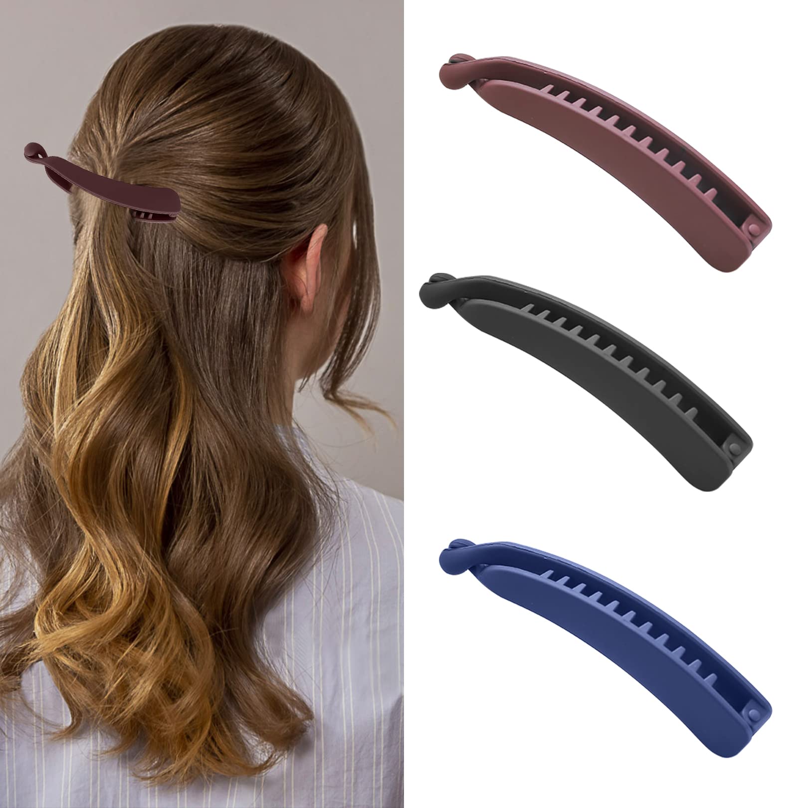 3 Pcs Banana Hair Clips - Non-Slip Fish Comb Hair Accessories for Women & Girls - Strong Hold Ponytail Maker Plastic Clips (11cm, Black/Blue/Red) - Perfect for School, Work, Gym & Everyday Styling