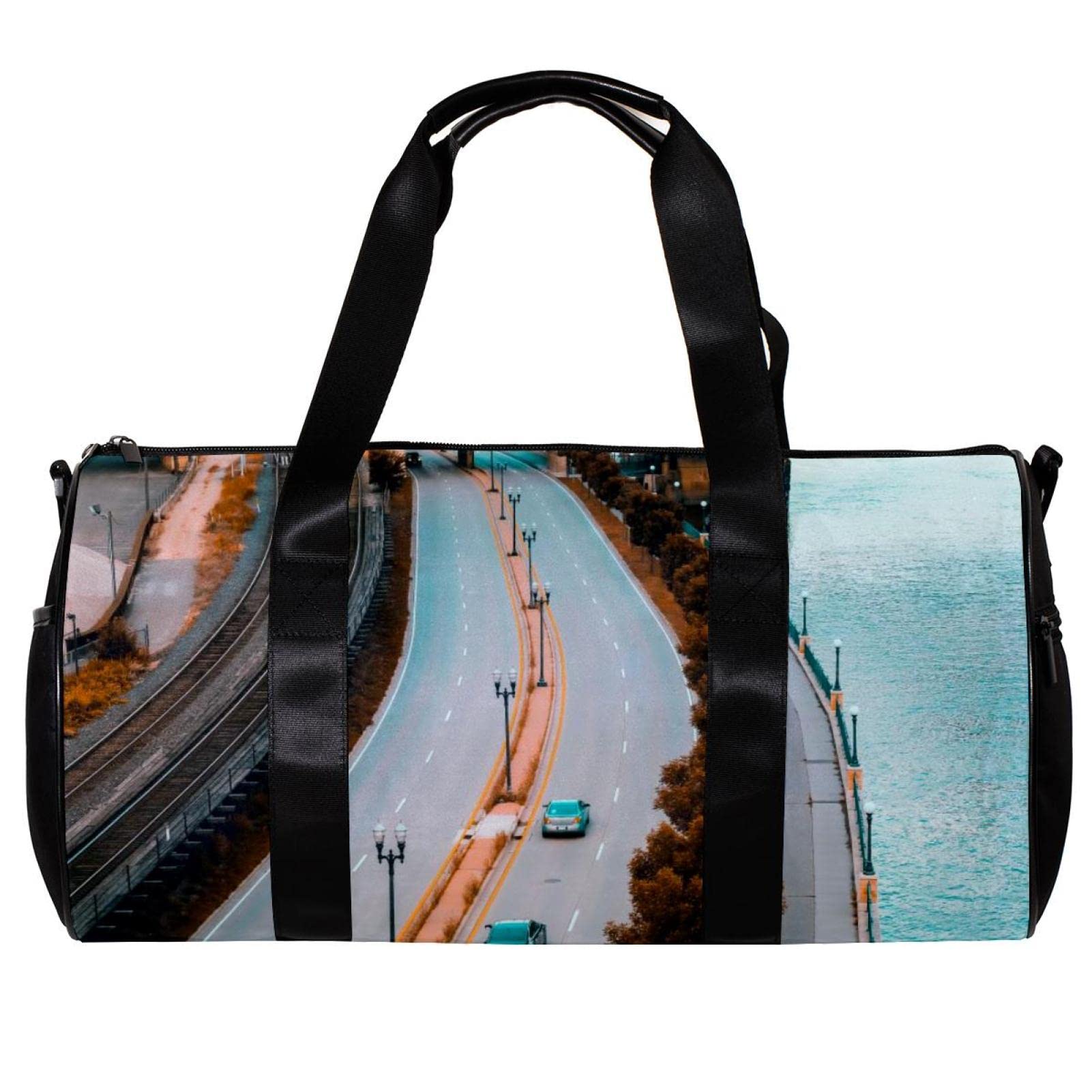 Gym Duffle Bag for Men & Women - Large Overnight Weekender Travel Bag with City Roads Highway Design - Perfect for Workout, Gym, Travel and Weekend Getaways