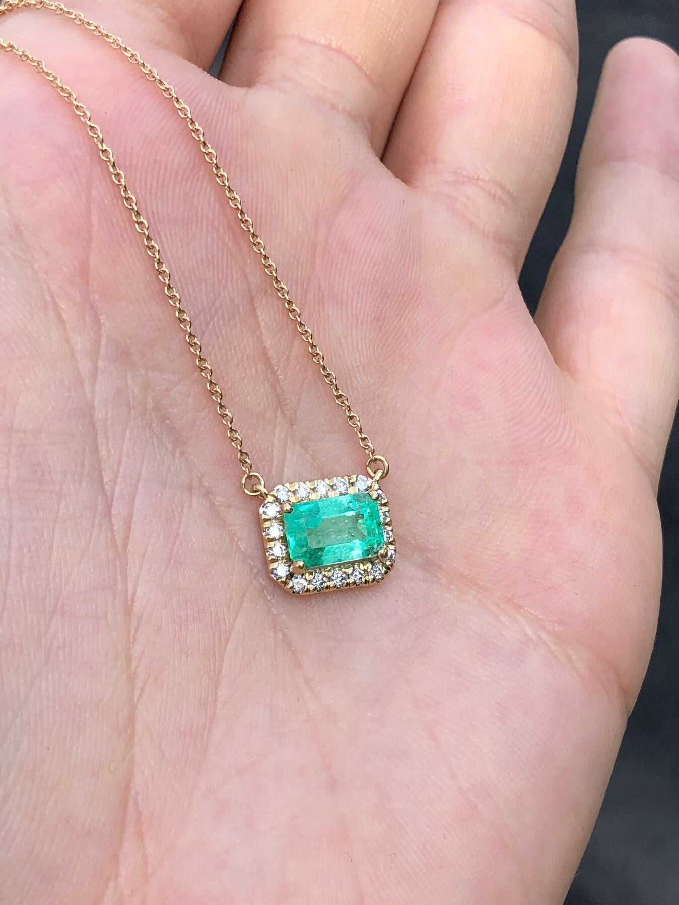 2.20tcw Colombian Emerald & Diamond Stationary Necklace in 14K Gold - Elegant East to West Design for Women, Perfect for Weddings, Parties & Special Occasions