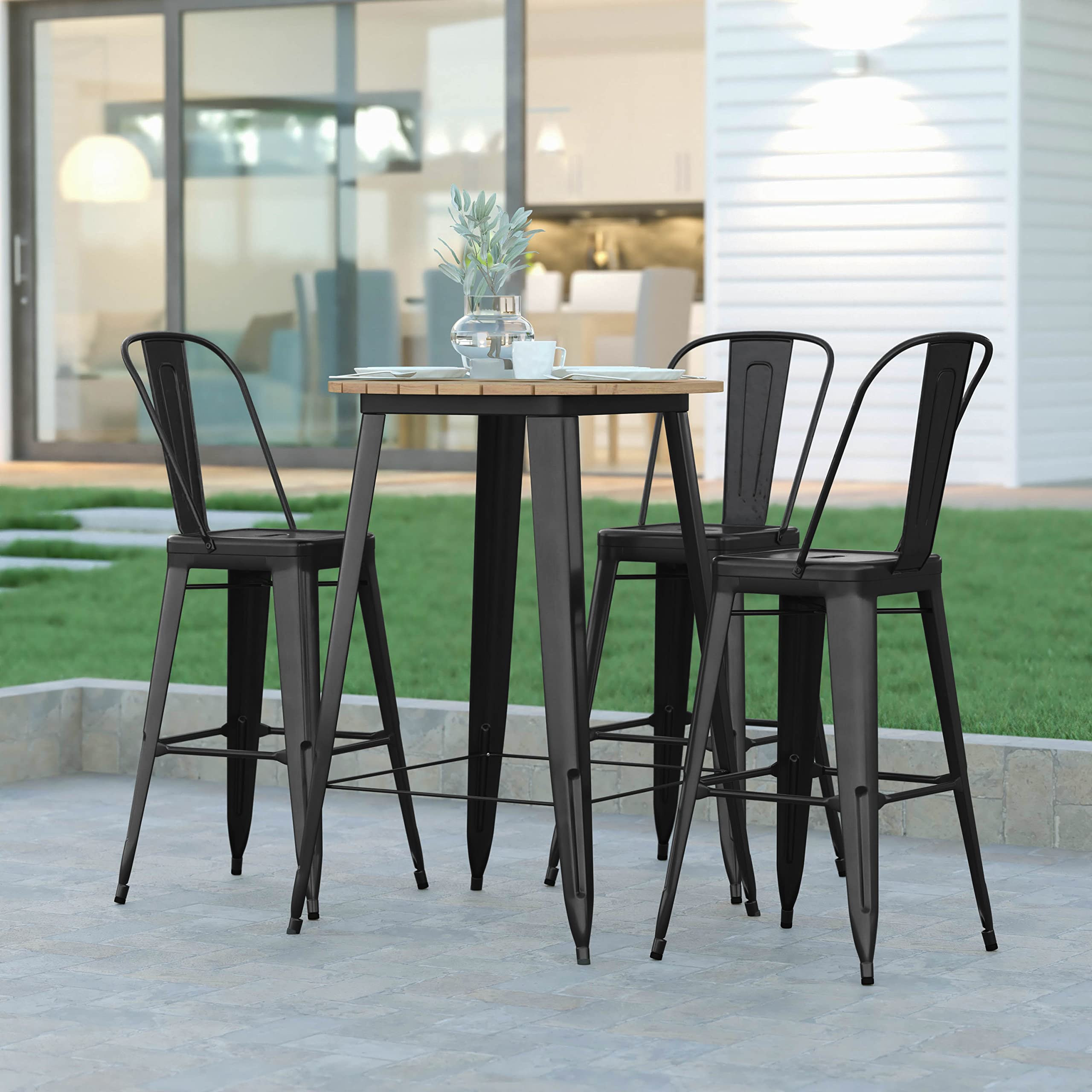 EMMA + OLIVER Drew 30-inch Round Bar Height Dining Table - Black Poly Resin Tabletop with Steel Base - All-Weather Indoor/Outdoor Use - Perfect for Patio, Deck, Garden or Kitchen Breakfast Nook