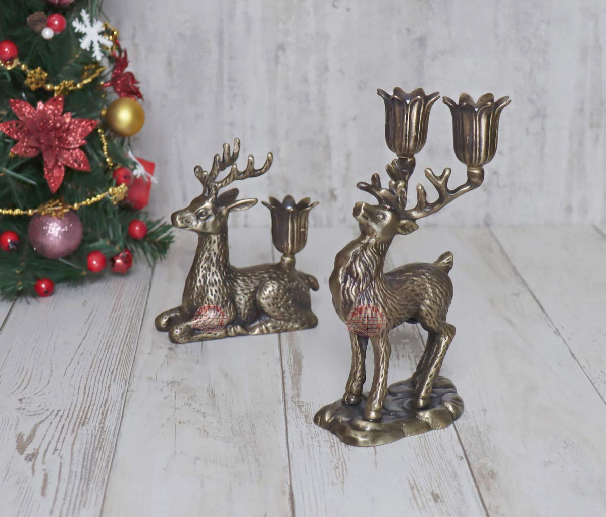 Brass Christmas Reindeer Candle Holders - Set of 2, Elegant Deer Candlestick Holders for Mantel, Table, Window or Fireplace Decor, Perfect Holiday Season Home Decoration & Gift Idea for Christmas