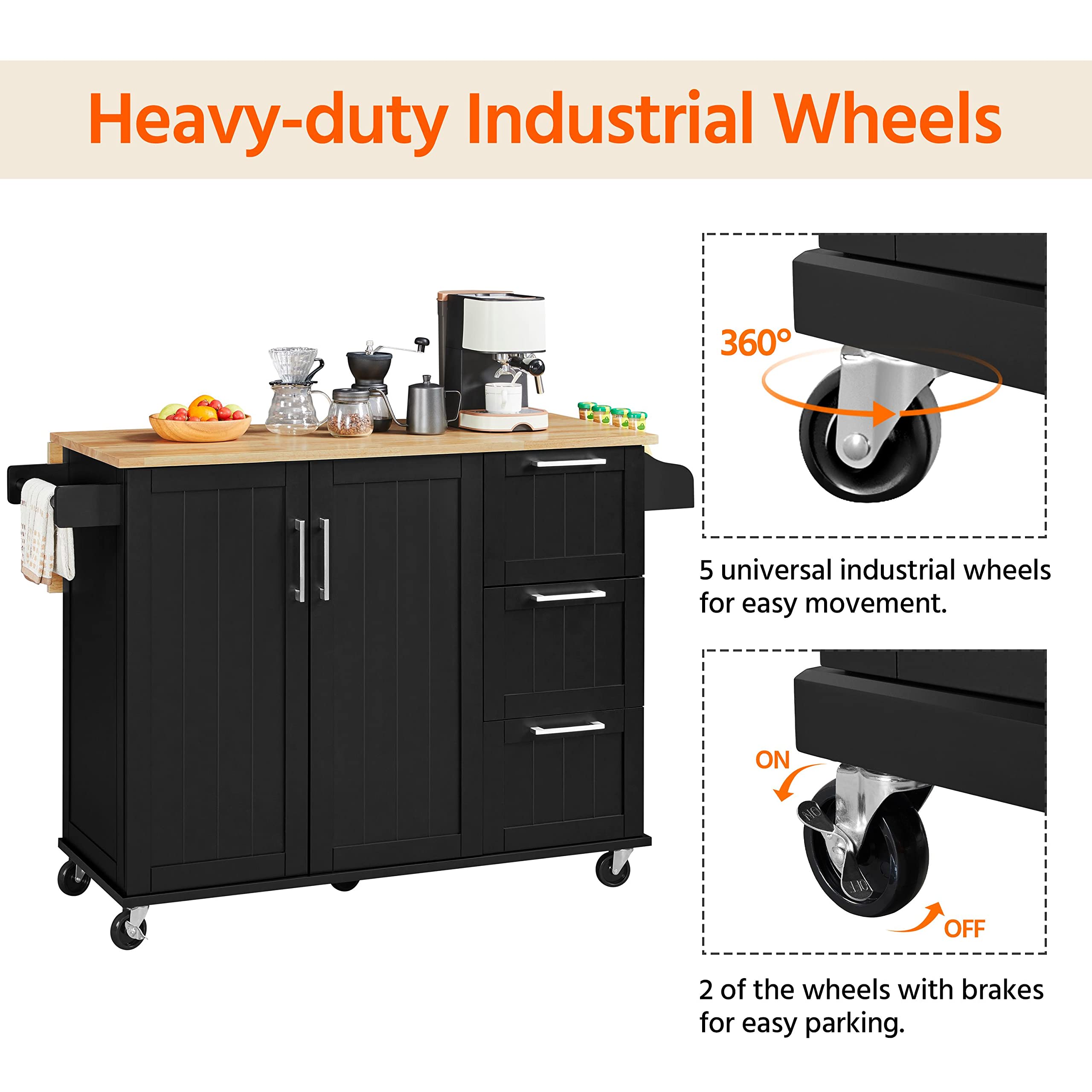 Topeakmart Black Mobile Kitchen Island with Foldable Countertop - Kitchen Cart with Storage Cabinet, 3 Drawers & Spice Rack - Perfect for Small Kitchens, Dining Rooms & Food Prep Areas