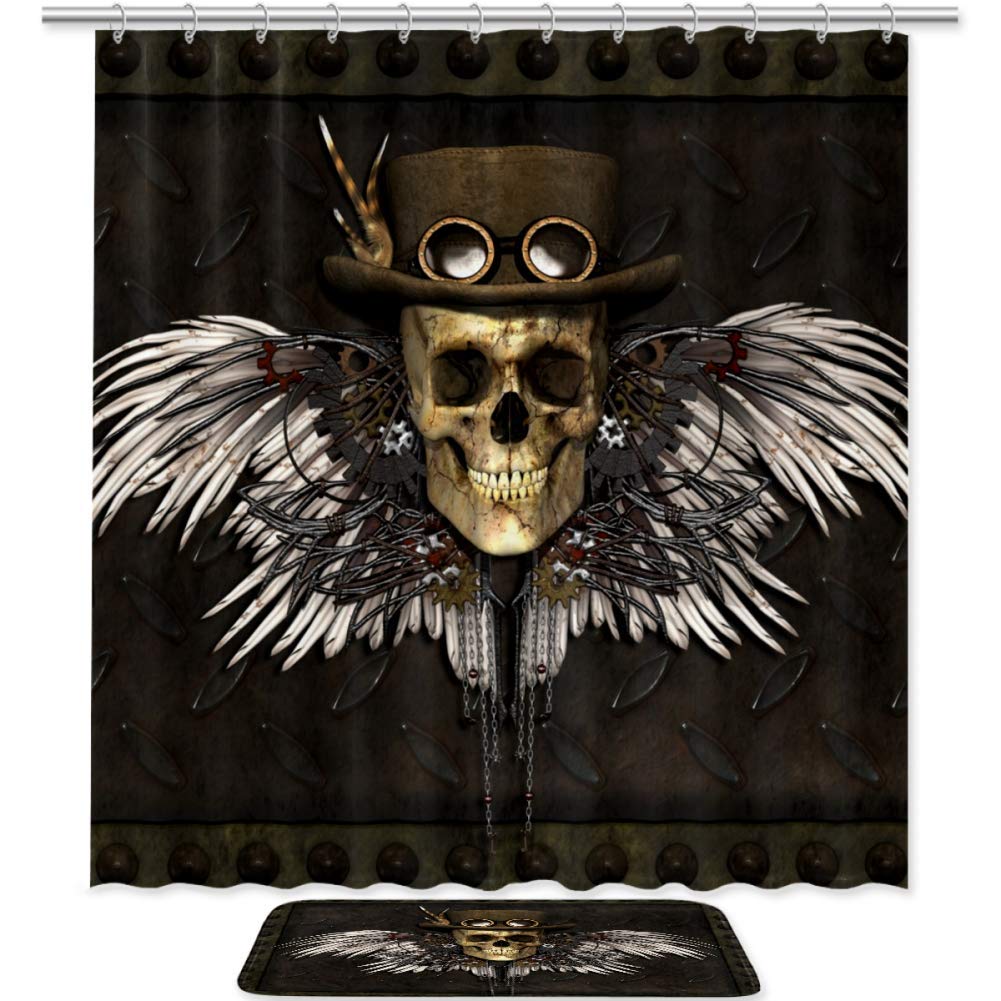 Steampunk Skull Shower Curtain Set - 72 Inch Waterproof Bath Curtain with Matching Bath Mat & 12 Hooks | Vintage Metal Plate Design for Gothic Bathroom Decor | Perfect for Halloween, Dark Aesthetic & Industrial Style Bathrooms