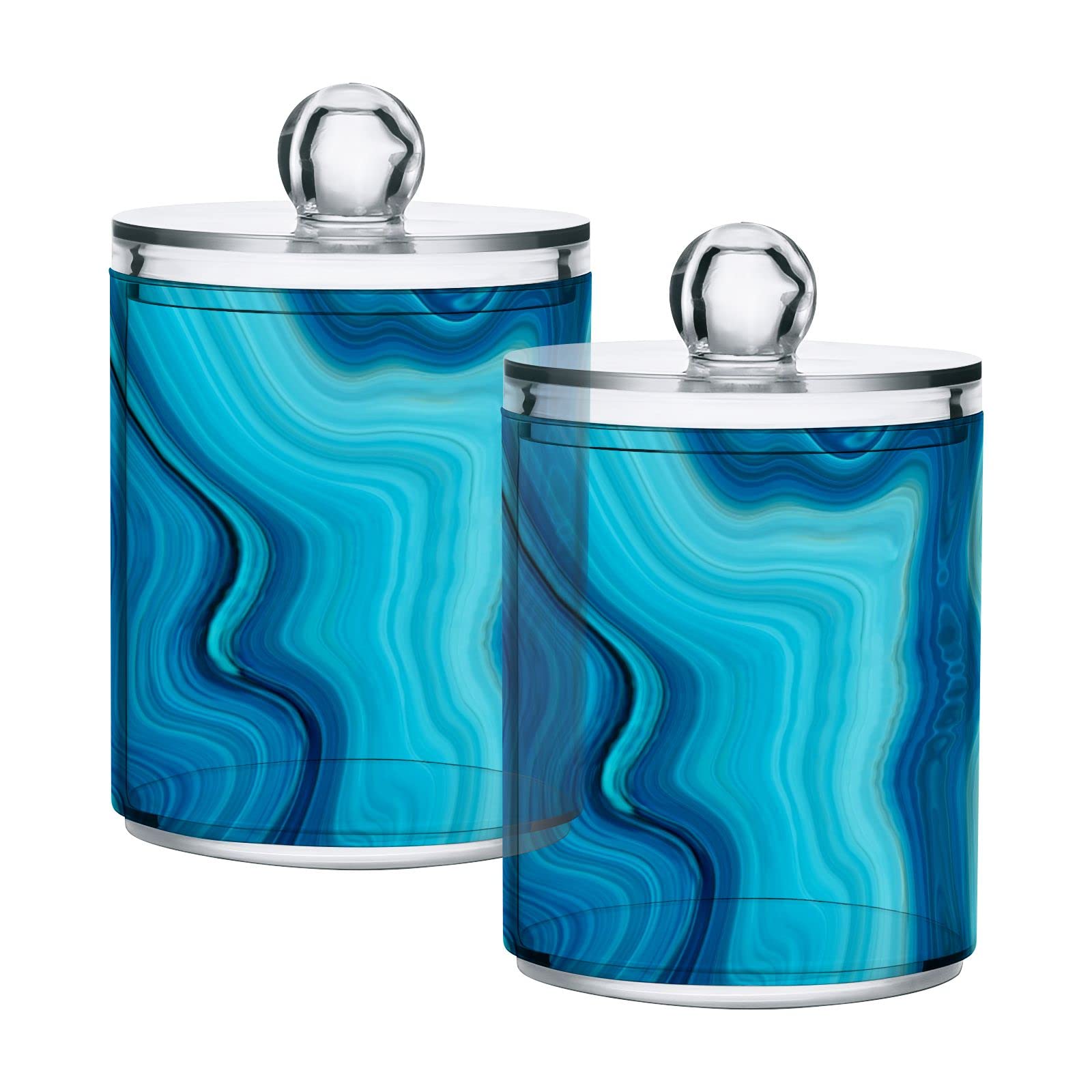 4 Pack Blue Marble Q-Tip Holder Organizer & Dispenser - Bathroom Vanity Storage Canisters for Cotton Swabs, Pads, Floss | Apothecary Jars for Countertop, Medicine Cabinet & Makeup Station Organization
