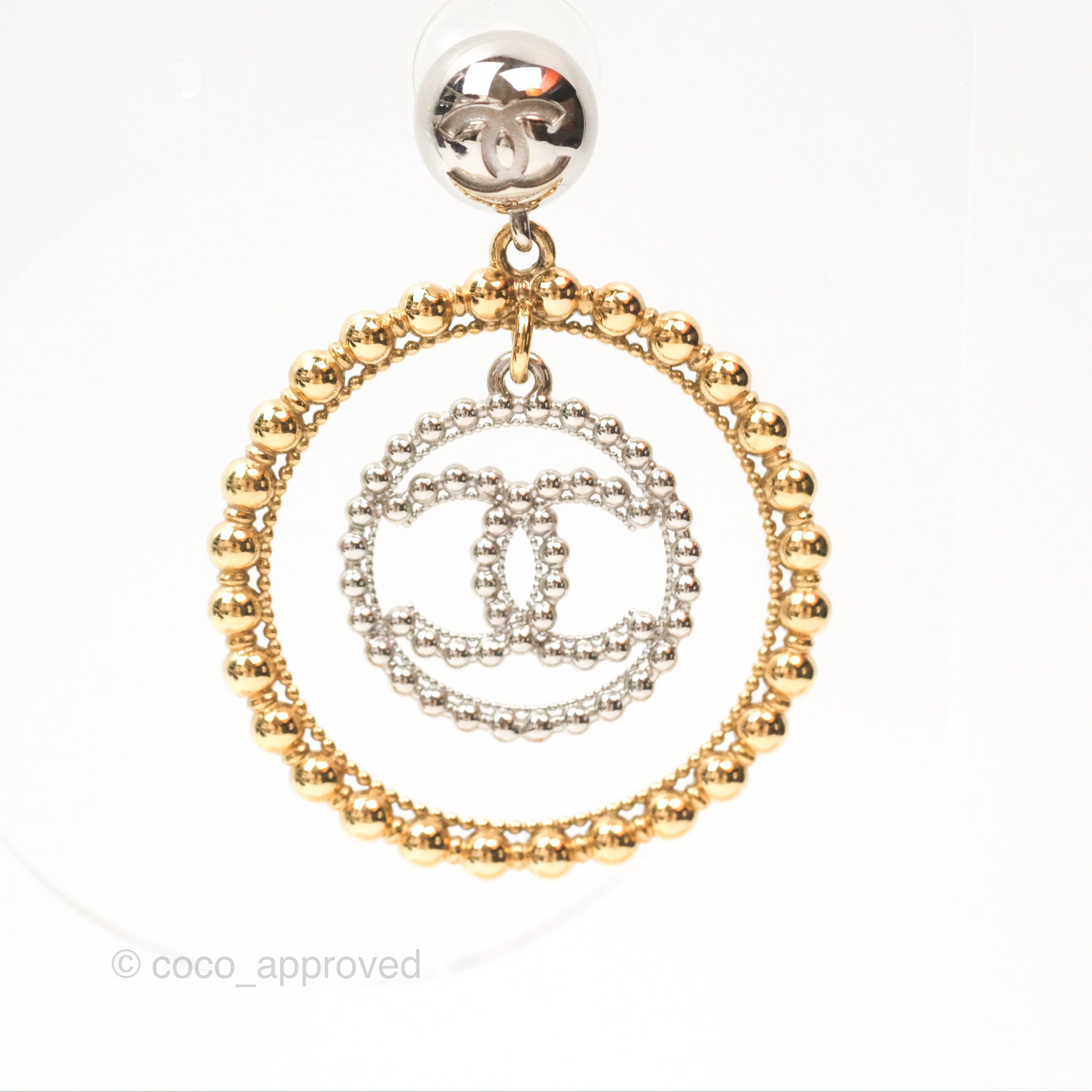 Chanel CC Hoop Drop Earrings in Silver & Gold Tone - 22C Collection | Luxury Fashion Jewelry for Women, Perfect for Parties, Weddings & Special Occasions