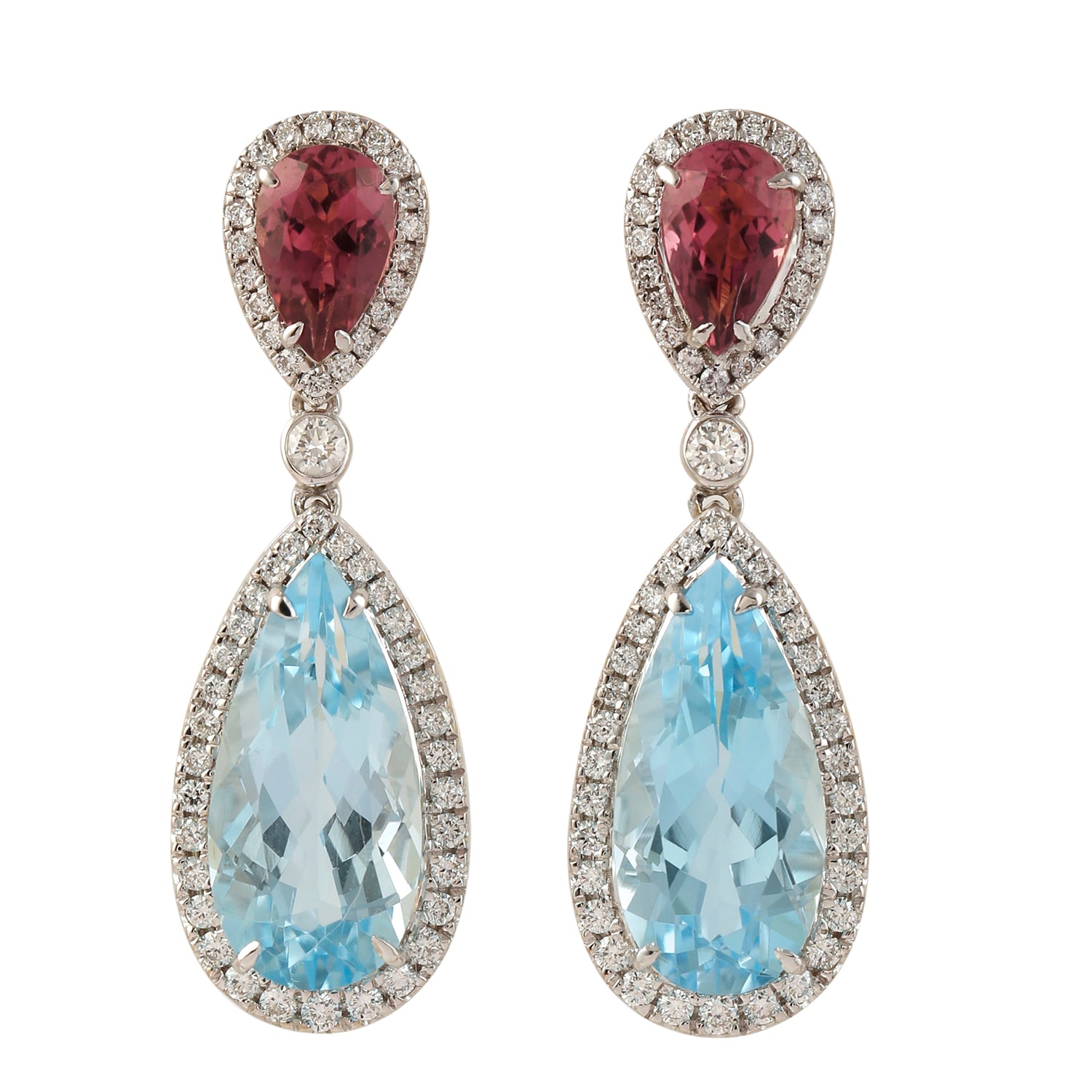 14K White Gold Blue Topaz & Pink Tourmaline Diamond Pave Teardrop Dangle Earrings - Perfect for Weddings, Parties & Special Occasions