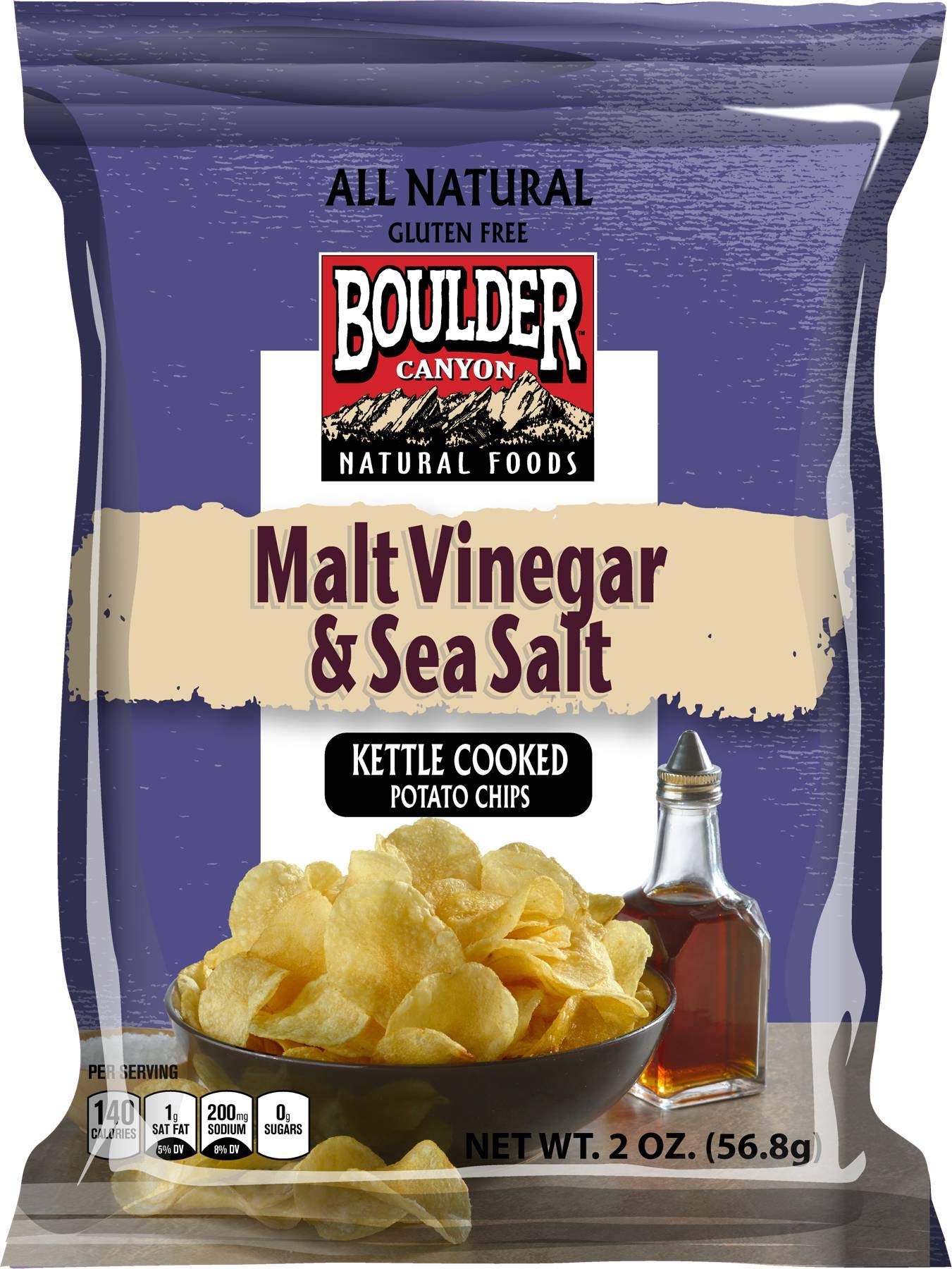Boulder Canyon Malt Vinegar & Sea Salt Kettle Cooked Potato Chips - 2oz Bags (8-Pack) | Crunchy Snack for Parties, Picnics & On-The-Go