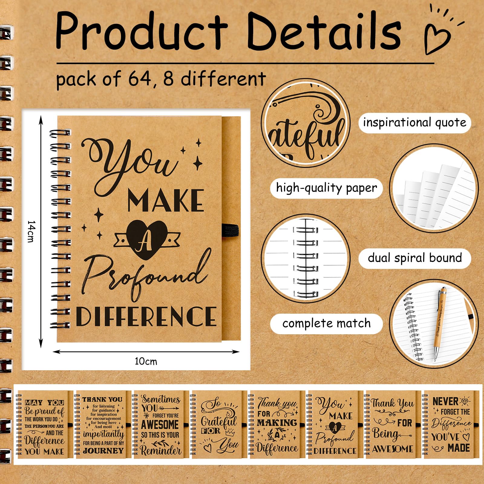 64 Sets Bulk Employee Appreciation Gifts - Inspirational Spiral Notebook & Motivational Pens Set (3.94 x 5.51