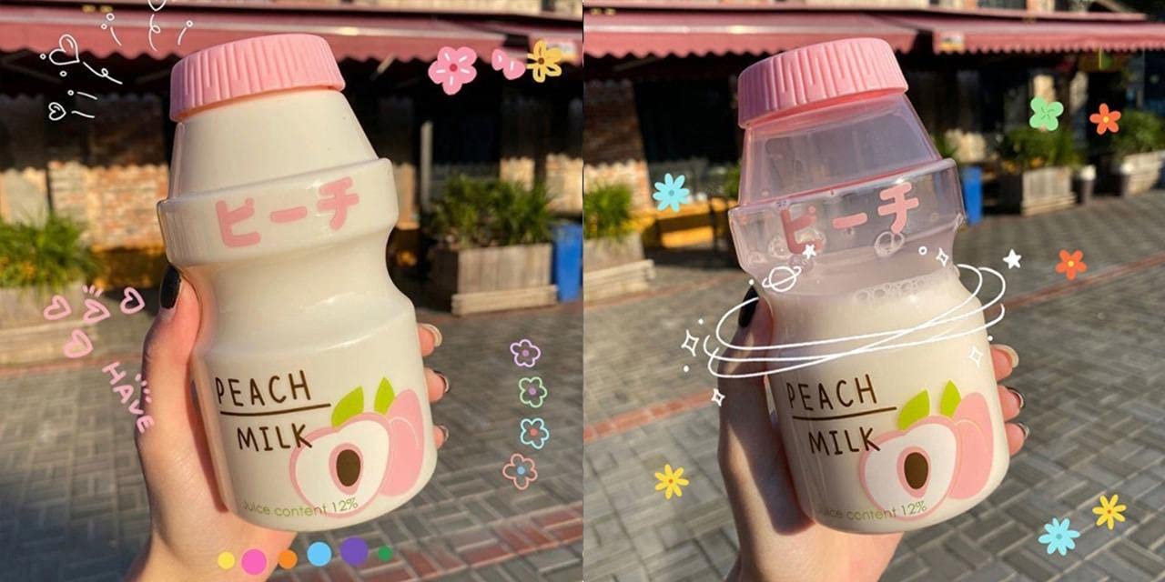 2 Pack 480ml Cute Kawaii Yakult-Shaped Plastic Water Bottle - Leak Proof Milk Carton Design Shaker Bottle for Kids, Girls & Adults - Perfect for School, Gym, Travel & Outdoor Activities (Peach Color)
