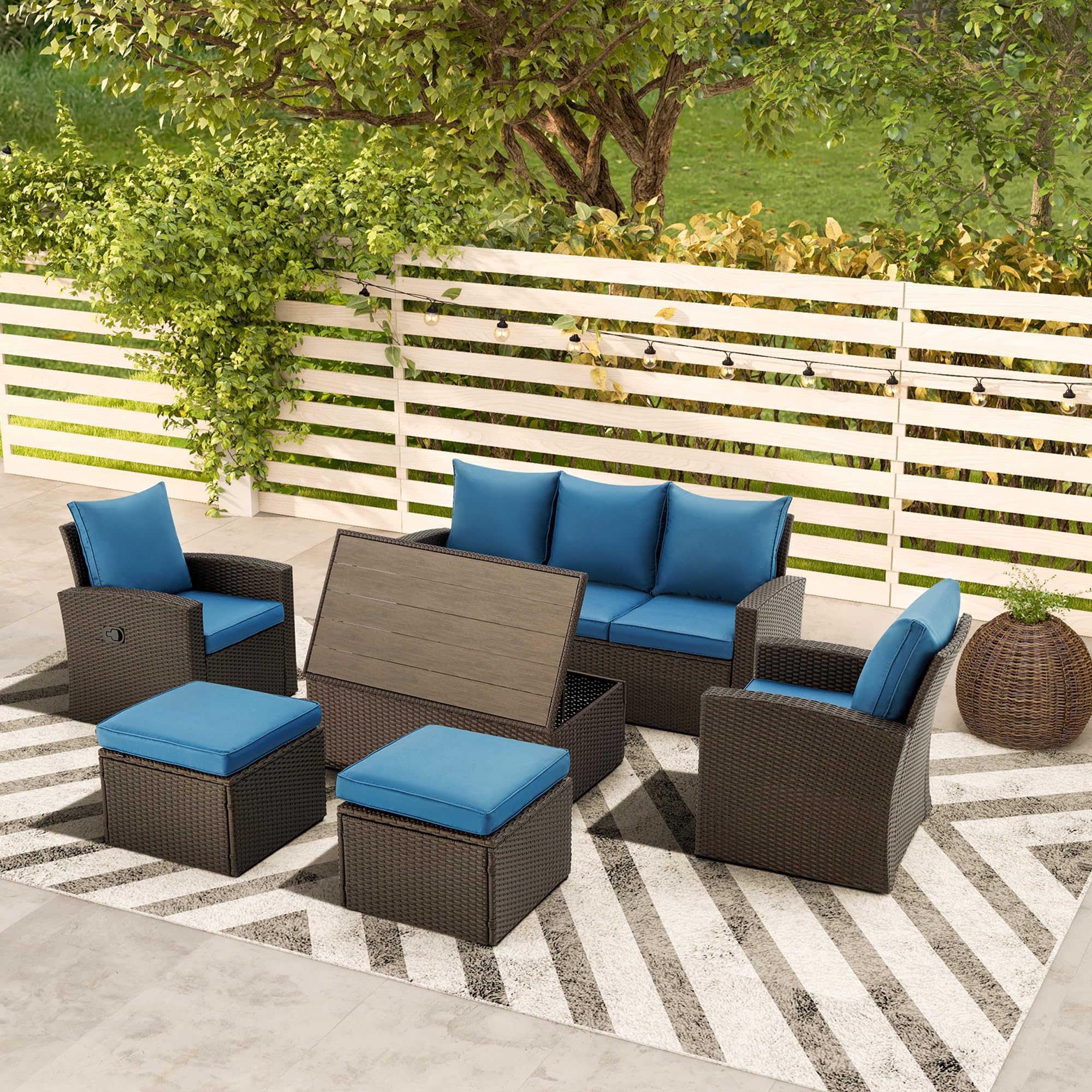 GYUTEI 6-Piece Outdoor Patio Furniture Set - Navy Blue Rattan Sectional Sofa with Ottoman & Storage Table - Weather-Resistant Garden, Porch, Backyard Conversation Set for Relaxing & Entertaining
