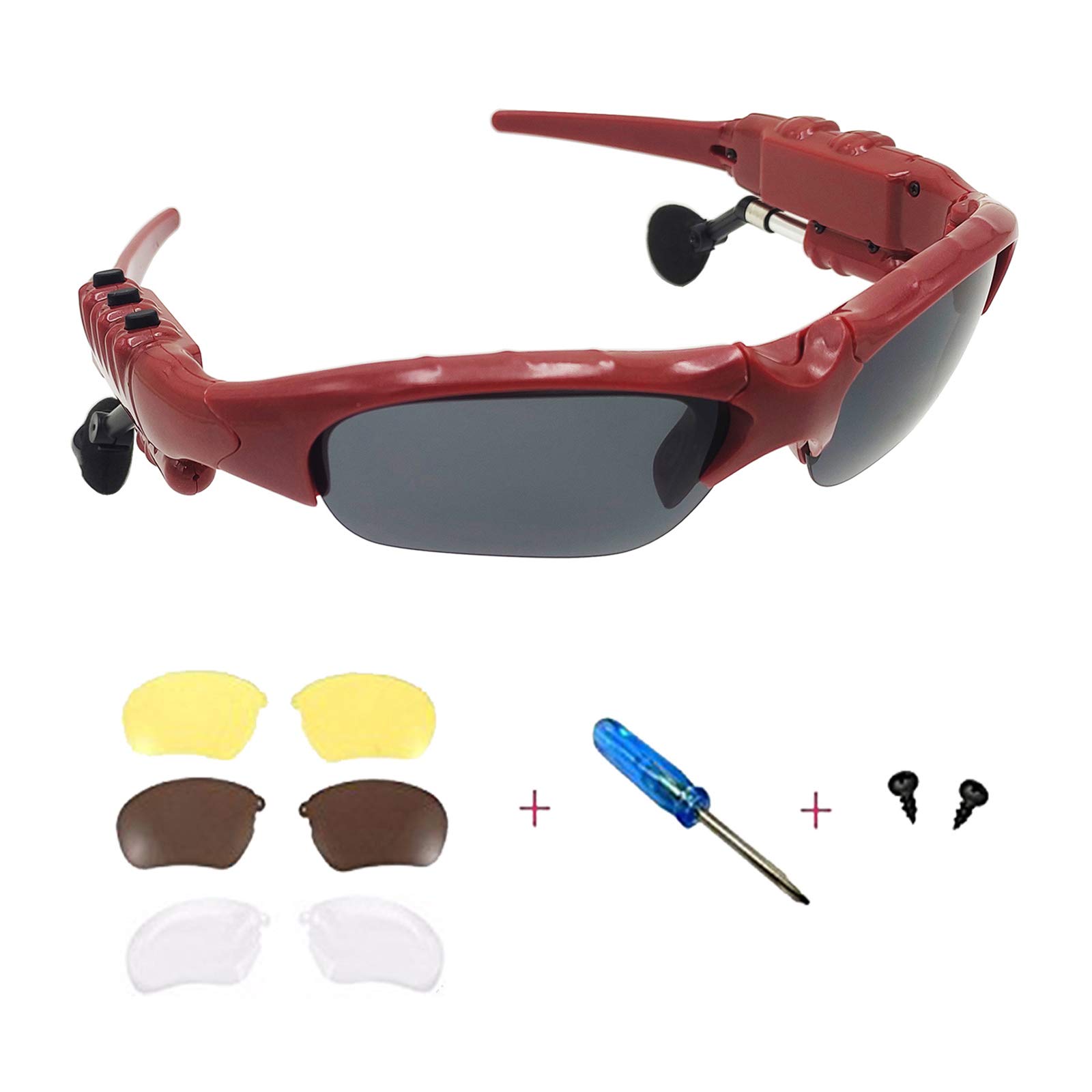 Wireless Bluetooth Sunglasses with Anti-UV & Built-in Headphones - HD Stereo Sound, Hands-Free Calling, Compatible with iPhone Android Smartphones (Red-Gray) - Perfect for Running, Cycling, Driving & Outdoor Activities