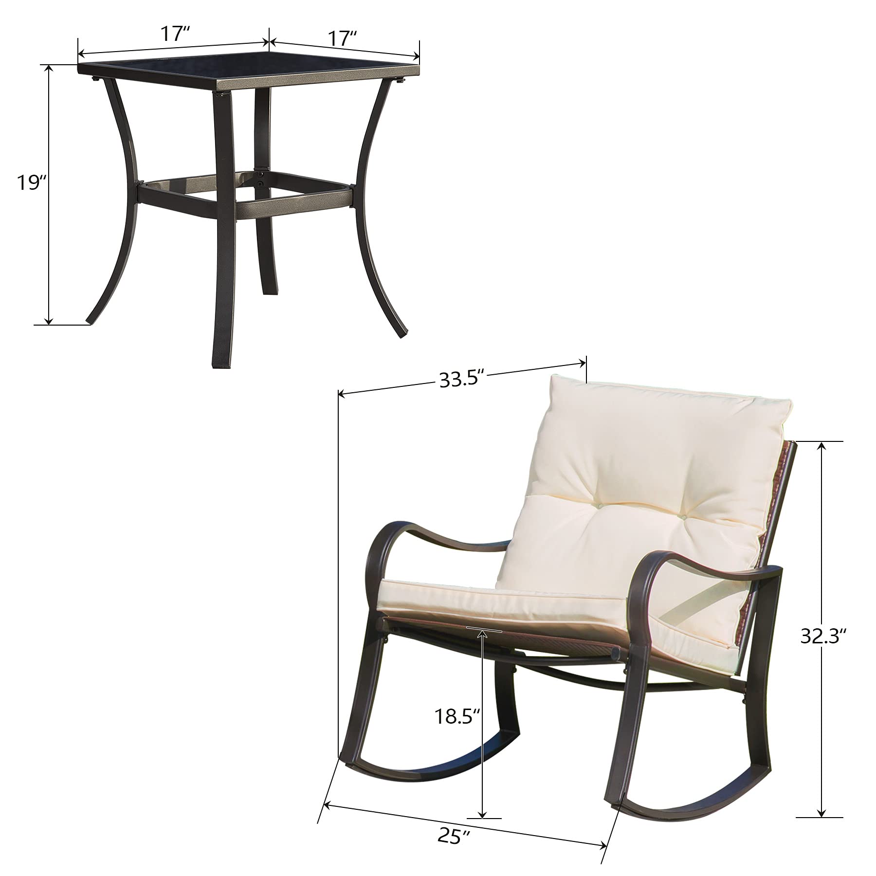 Domi Outdoor Living 3-Piece Rocking Bistro Set - Black Steel Wicker Rocking Chairs with Cushions & White Glass Top Coffee Table - Perfect for Patio, Garden, Porch, and Backyard Relaxation