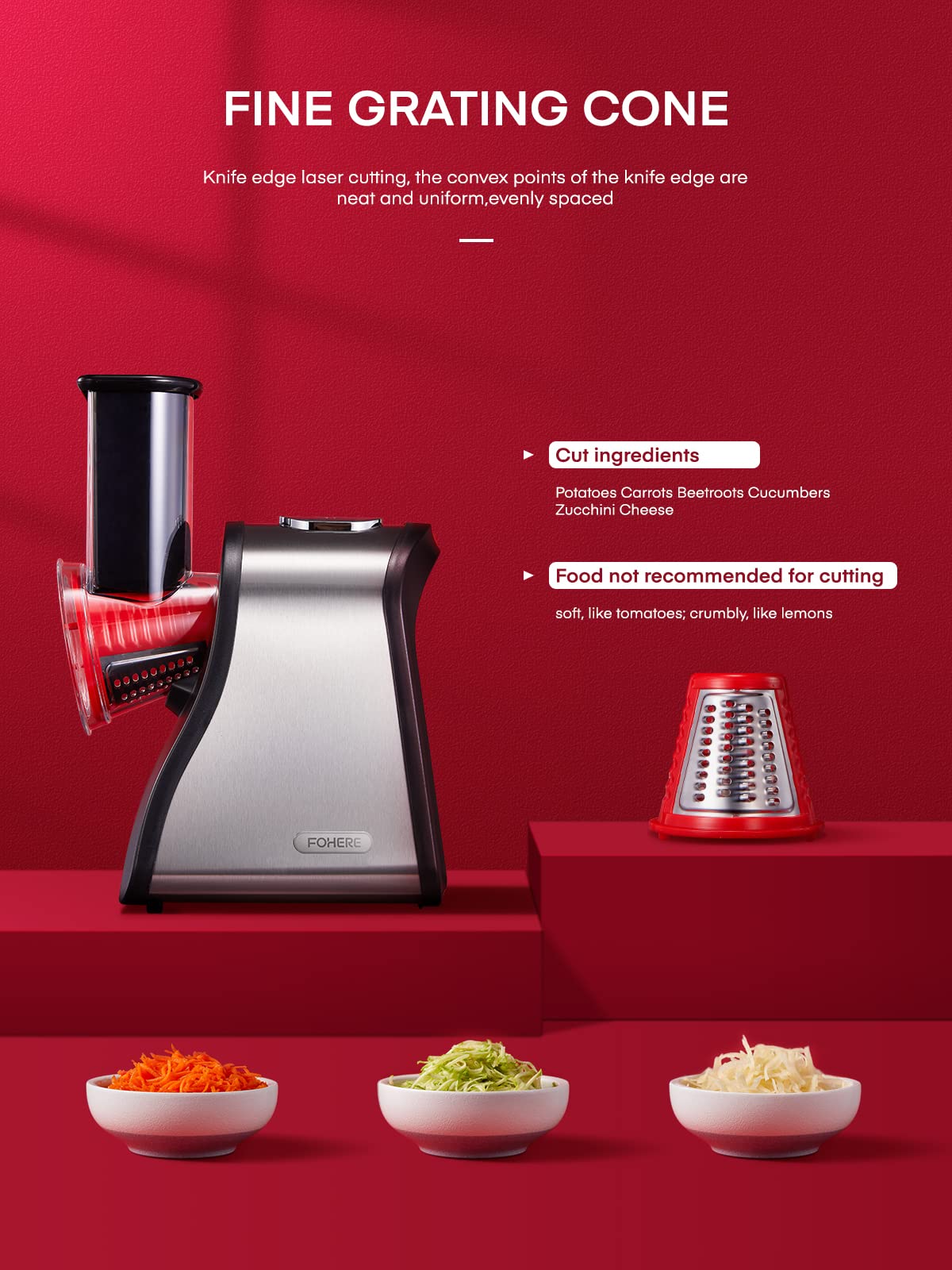 150W Electric Cheese Grater & Vegetable Shredder - 4 Interchangeable Cones for Cheese, Carrots, Cucumbers | Multi-Purpose Salad Maker & Food Processor for Kitchen, Party, Meal Prep
